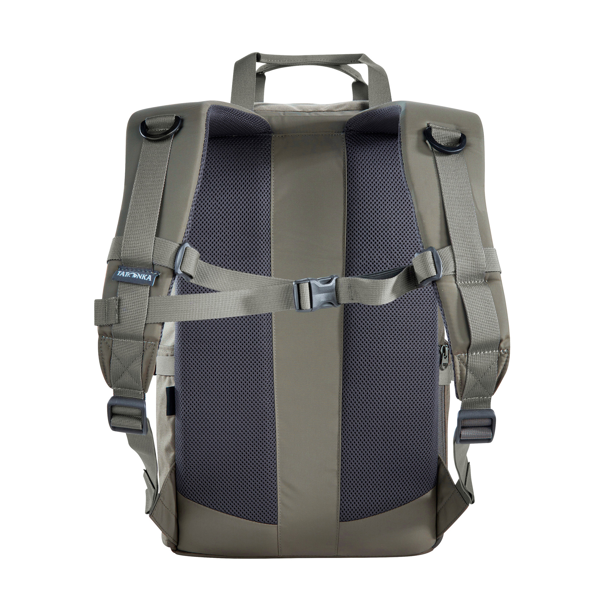 Rucksack, Rucksack Rückenpolsterung, Military Gray, Seitliche Gurte, Vernähte Schultergurte, Tatonka EDC Pack 23 BC stone grey olive grau - Ansicht frontal-hinten