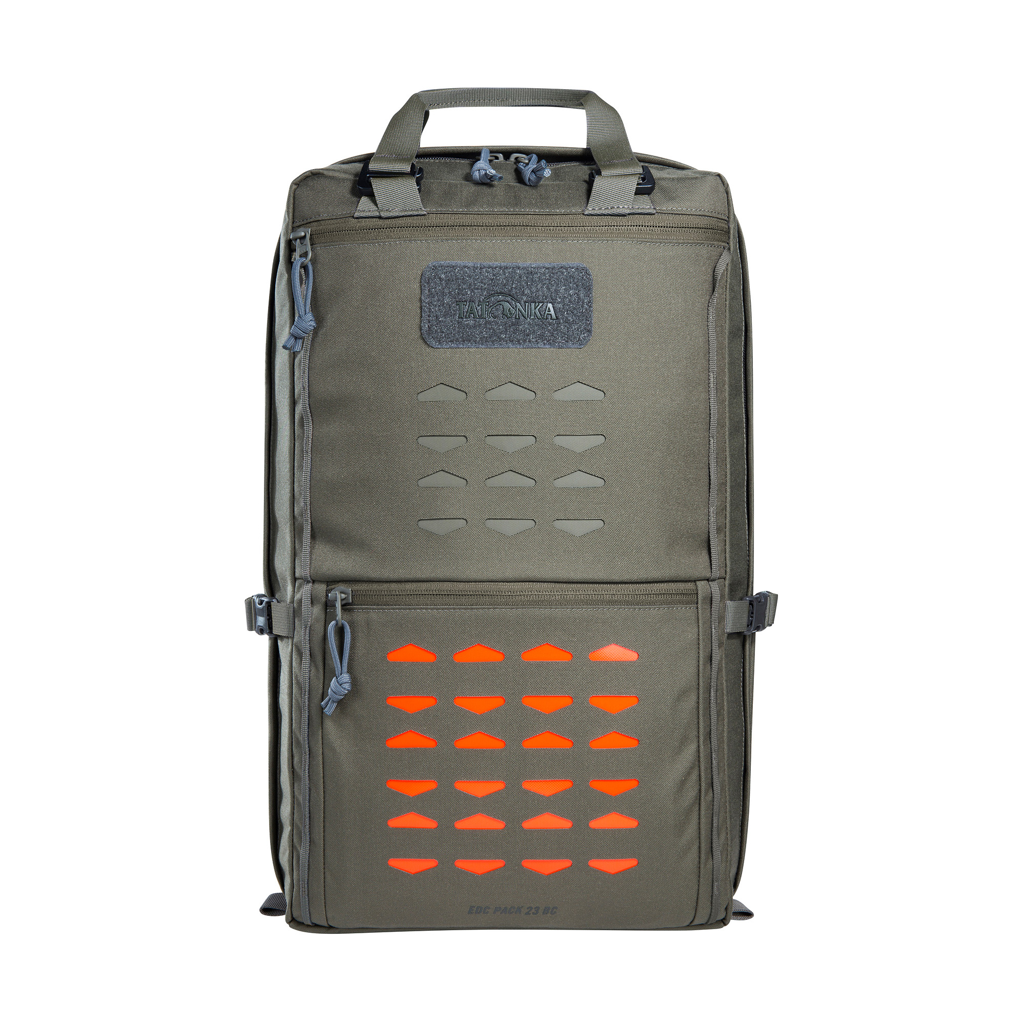 Rucksack, Reisetasche, taktisch, orange Akzente, Klettertasche, Tatonka EDC Pack 23 BC stone grey olive grau - Ansicht frontal-vorne