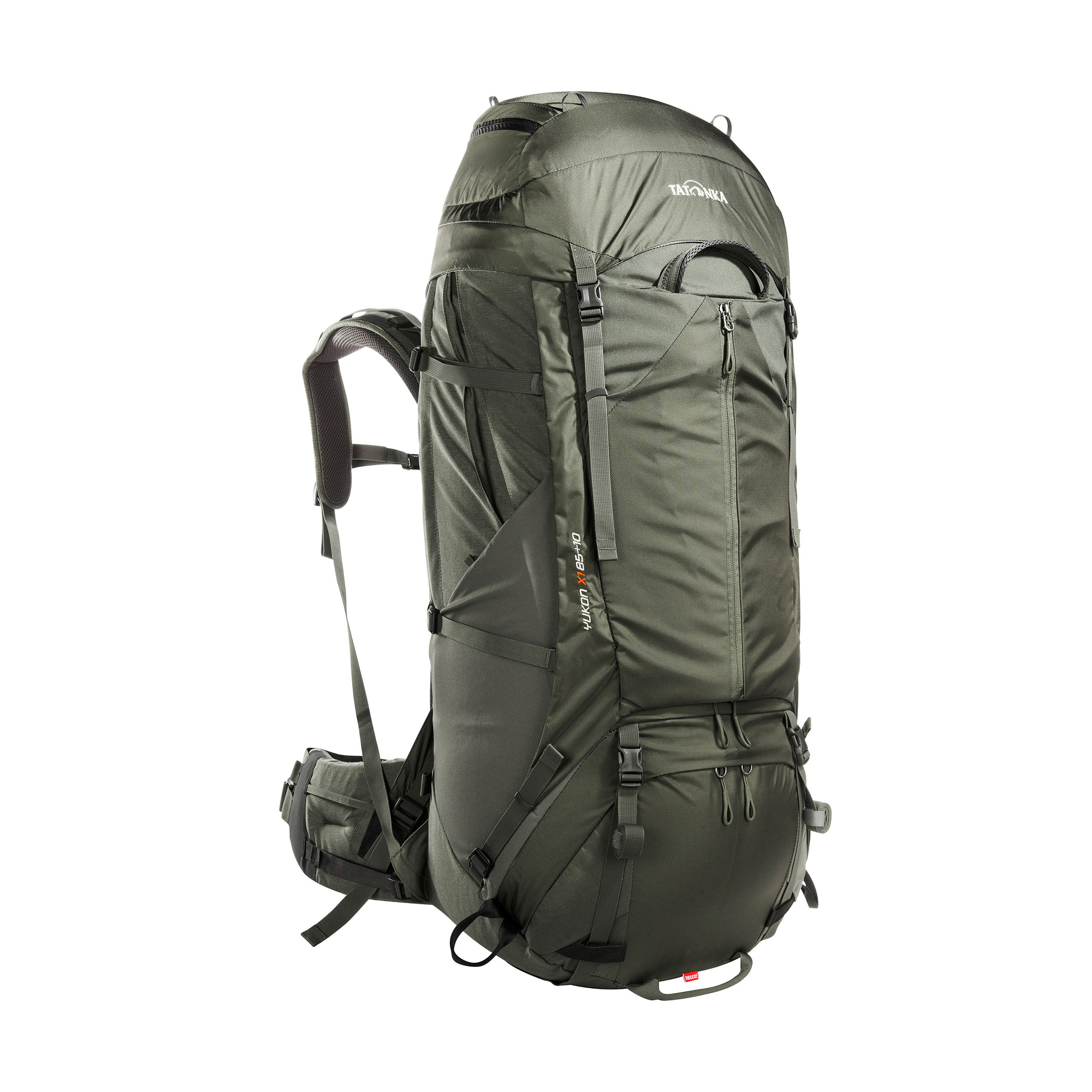 Tatonka Yukon X1 85+10 stone grey olive grau Trekkingrucksäcke - Ansicht seitlich-vorne Tasche, Rucksack, Tatonka Yukon X1 85+10 stone grey olive grau Trekkingrucksäcke - Ansicht seitlich-vorne
