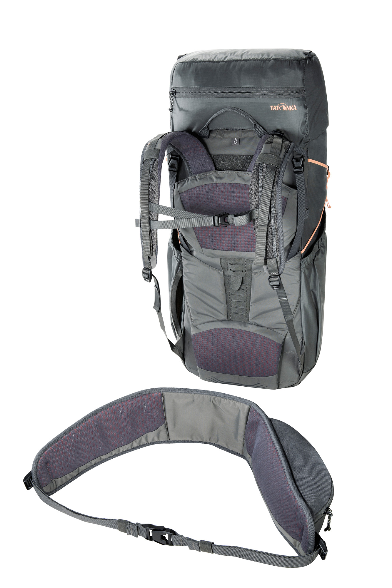 Rucksack, Trekkingrucksack, Rucksackriemen, Seitenfächer, Belüfteter Rücken, Tatonka Pyrox Lite 44+10 Women titan grey grau Trekkingrucksäcke - Detailansicht