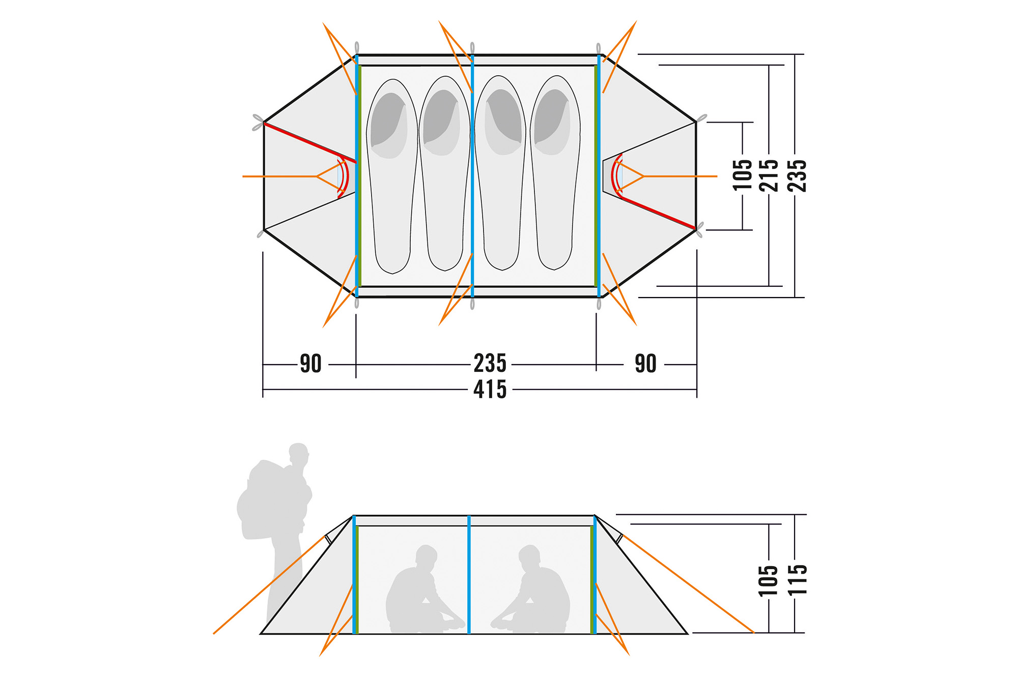 Tatonka Buffin 4 light olive grün 4-Personen-Zelte - Detailansicht Diagramm, Handlung, Person, CAD-Diagramm, Tatonka Buffin 4 light olive grün 4-Personen-Zelte - Detailansicht