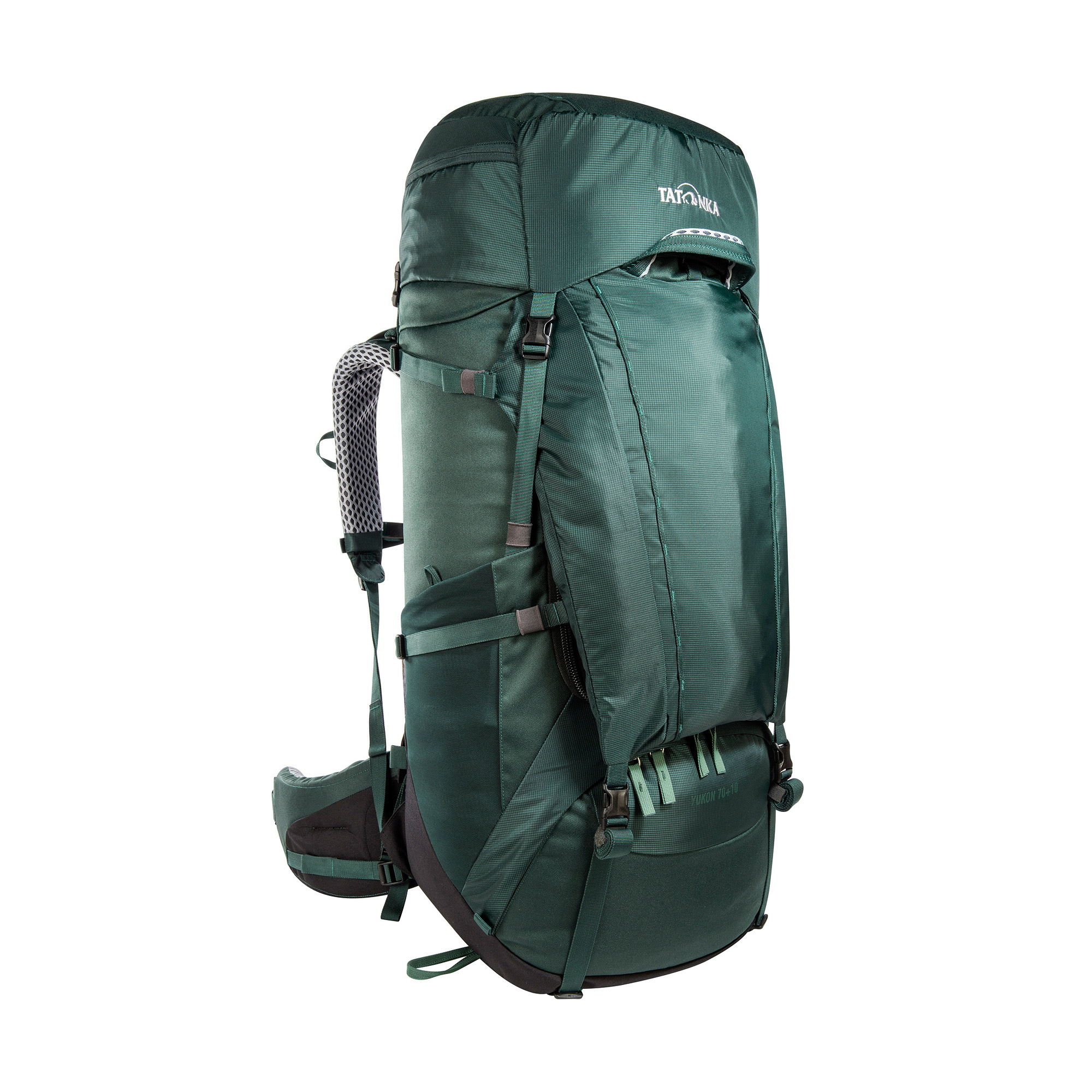 Tatonka Yukon 70+10 jasper grün Trekkingrucksäcke - Ansicht seitlich-vorne Tasche, Rucksack, Tatonka Yukon 70+10 jasper grün Trekkingrucksäcke - Ansicht seitlich-vorne