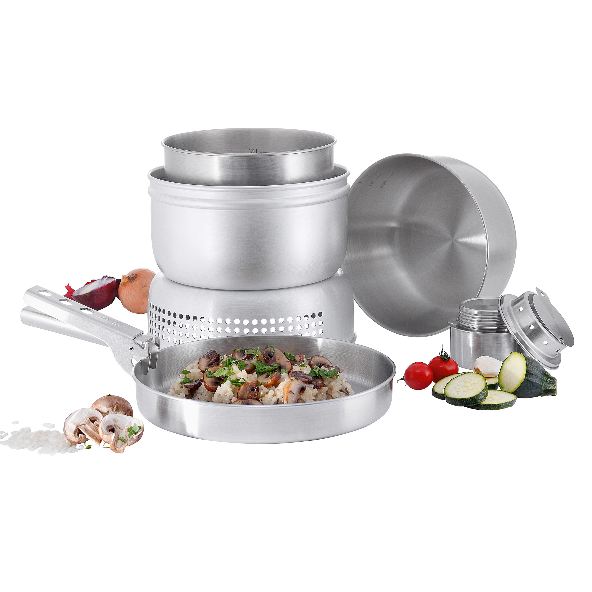 Tatonka Multi Set + A. Burner Kochgeschirr - Ansicht seitlich-vorne Mittagessen, Mahlzeit, Elektrisches Gerät, Dampfgarer, Kocher, Tatonka Multi Set + A. Burner Kochgeschirr - Ansicht seitlich-vorne