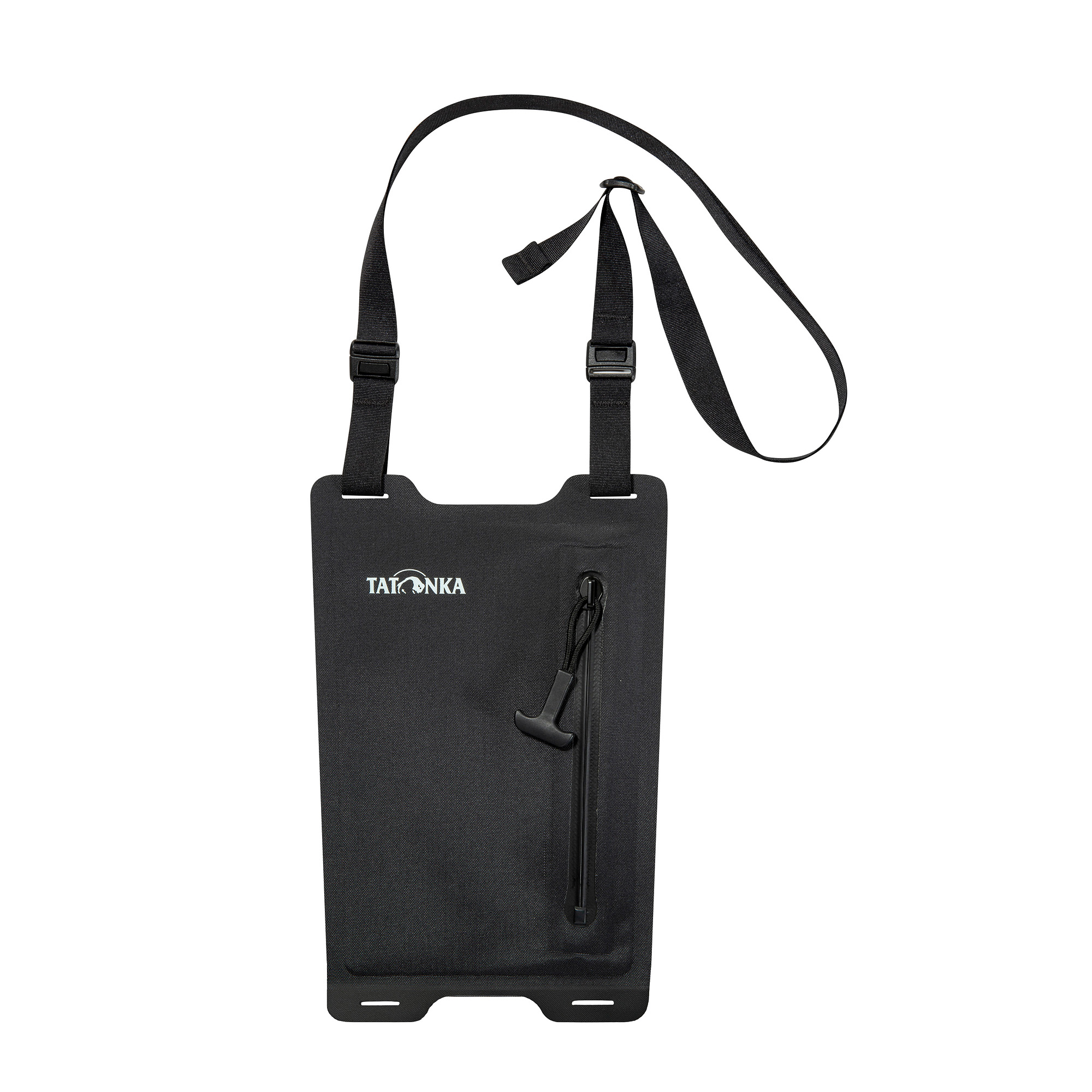 Schwarze Tasche, Halsband-Tragegurt, Reißverschlussfach, Kompakte Hülle, Tatonka Logo, Tatonka WP Zip Neck Pouch M black schwarz - Ansicht seitlich-vorne
