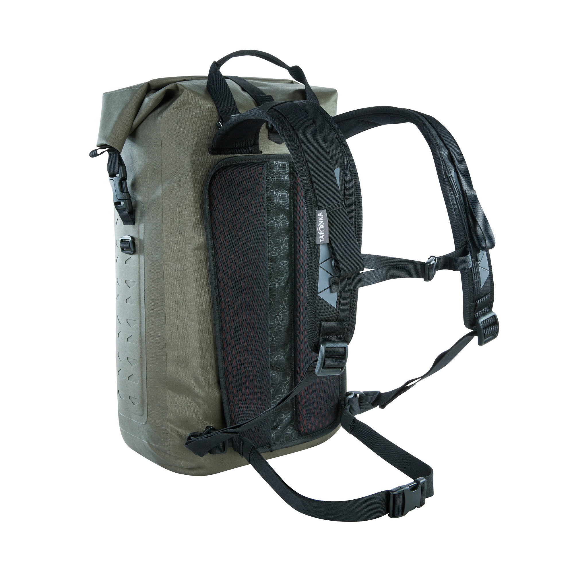 Tasche, Rucksack, Tatonka Commuter Rolltop 30 WP stone grey olive grau Tagesrucksäcke - Ansicht seitlich-hinten
