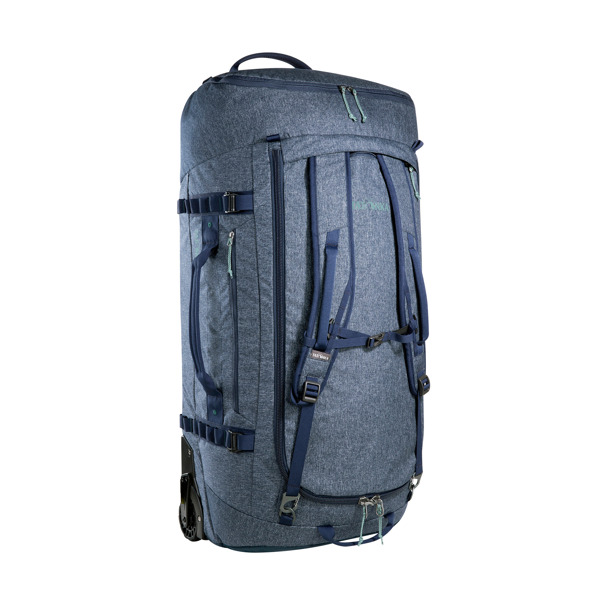 Rucksack, Reisetasche, Rucksack mit Rollen, Koffer-Rolle, Mehrzweck-Rucksack, Tatonka Duffle Roller 105 navy blue blau Trolleys & Koffer - Ansicht seitlich-vorne