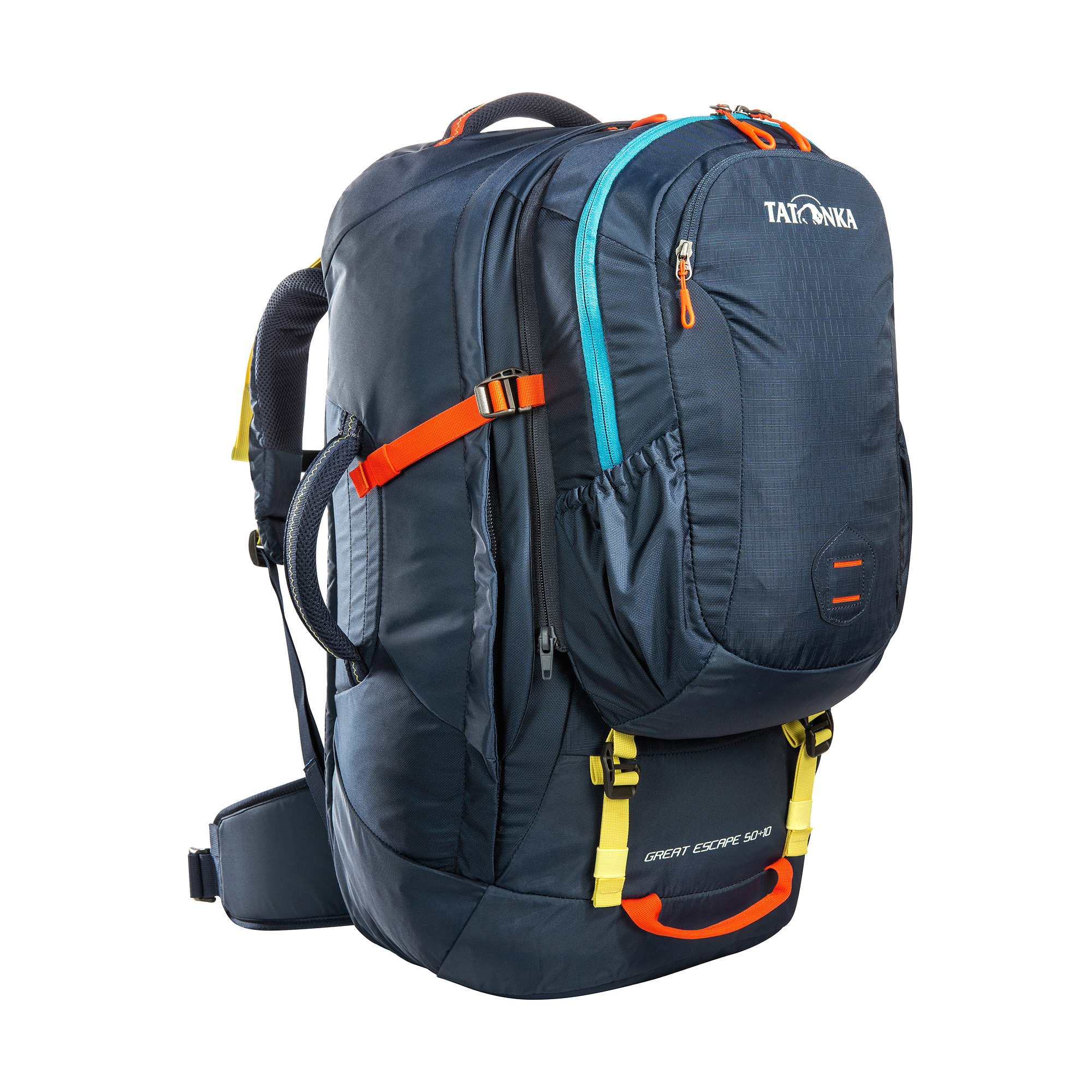 Tatonka Great Escape 50+10 navy blau Reiserucksäcke - Ansicht seitlich-vorne Tasche, Rucksack, Tatonka Great Escape 50+10 navy blau Reiserucksäcke - Ansicht seitlich-vorne