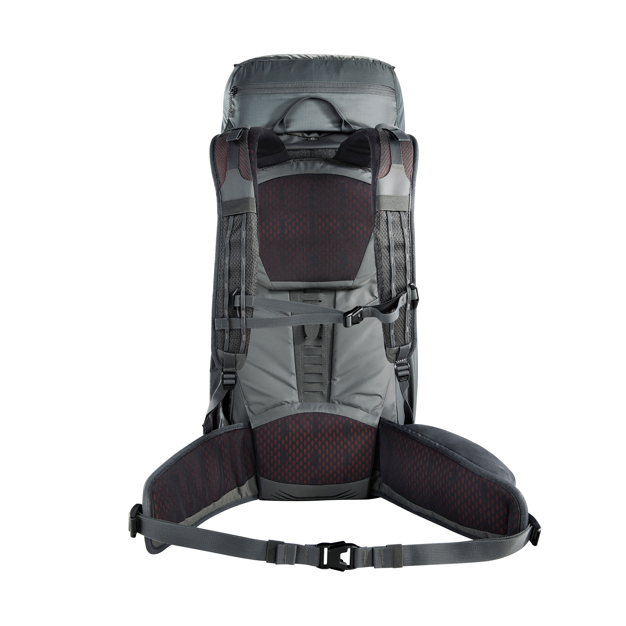 Rucksack, Wandern, Rückenpolster, Gibelband, Hüftgurt, Tatonka Pyrox Lite 48+10 titan grey grau - Ansicht frontal-hinten