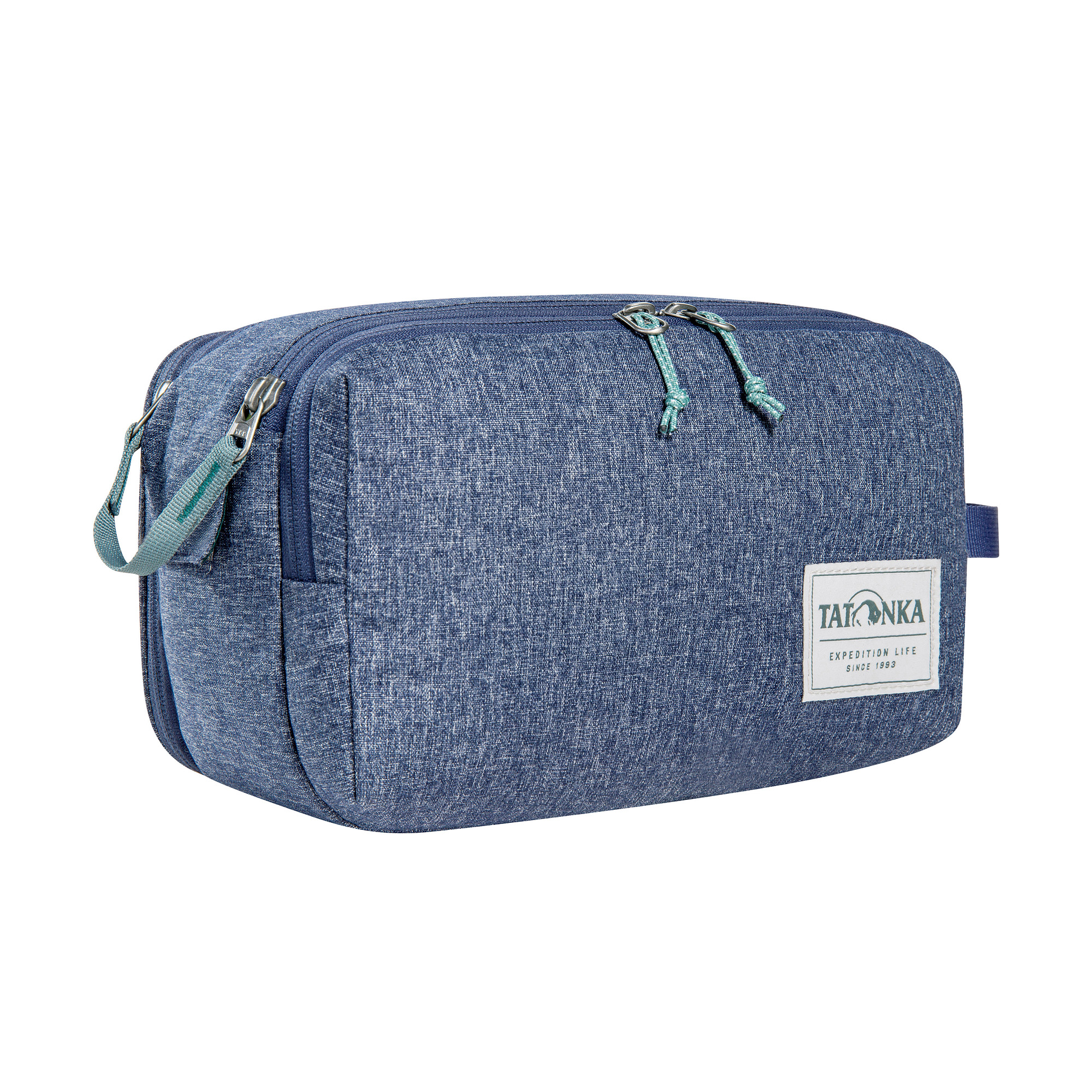 Toilettasche, Kosmetikbeutel, blaue Jeansoptik, Reißverschlusstasche, TATONKA-Etikett, Tatonka Cosmetic Double Zip Pouch navy blue blau Kulturbeutel - Ansicht seitlich-vorne