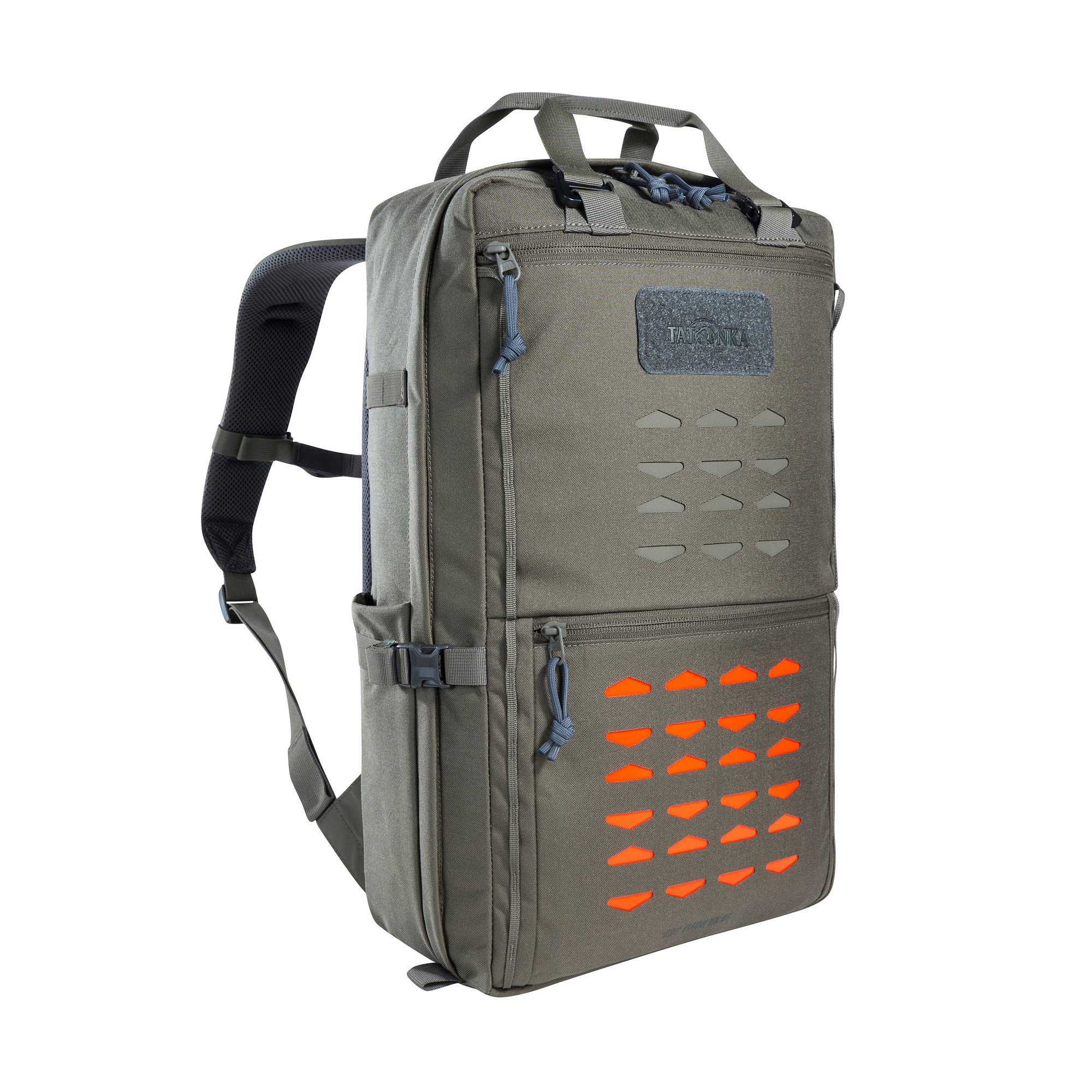 Rucksack, Backpack, Tasche, Hauptfach, Vordertasche, Tatonka EDC Pack 23 BC stone grey olive grau - Ansicht seitlich-vorne