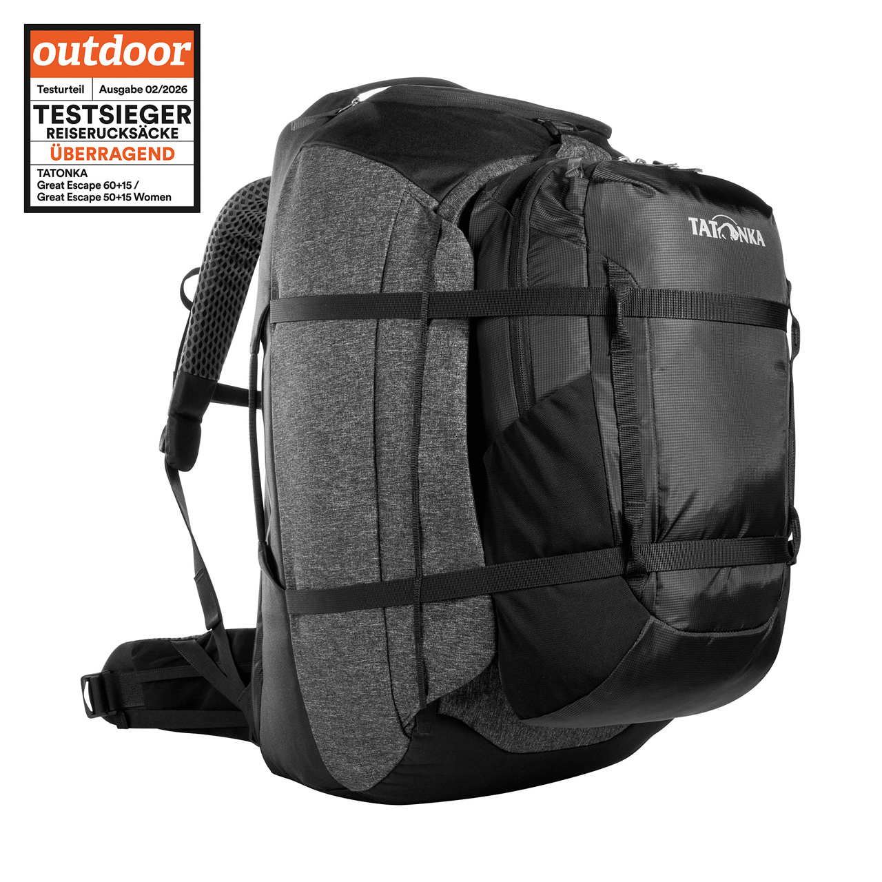 Rucksack, Backpack, Tatonka, 53, Outdoor, Tasche, Rucksack, Tatonka Great Escape 60+15 black schwarz Reiserucksäcke - Ansicht seitlich-vorne