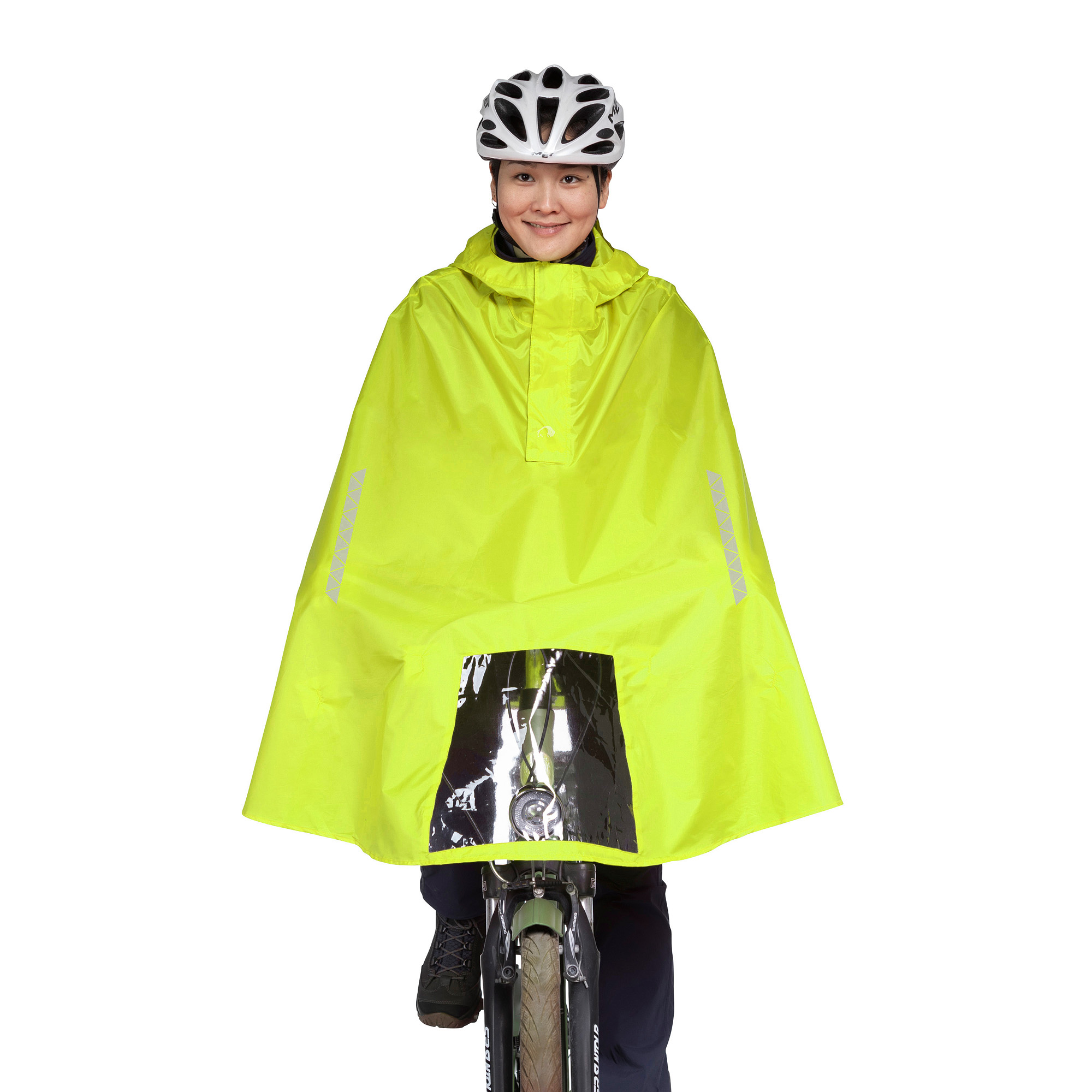 Tatonka Bike Poncho safety yellow gelb Regenponchos - Ansicht frontal-vorne Mantel, Helm, Regenmantel, Person, Fahrrad, Tatonka Bike Poncho safety yellow gelb Regenponchos - Ansicht frontal-vorne