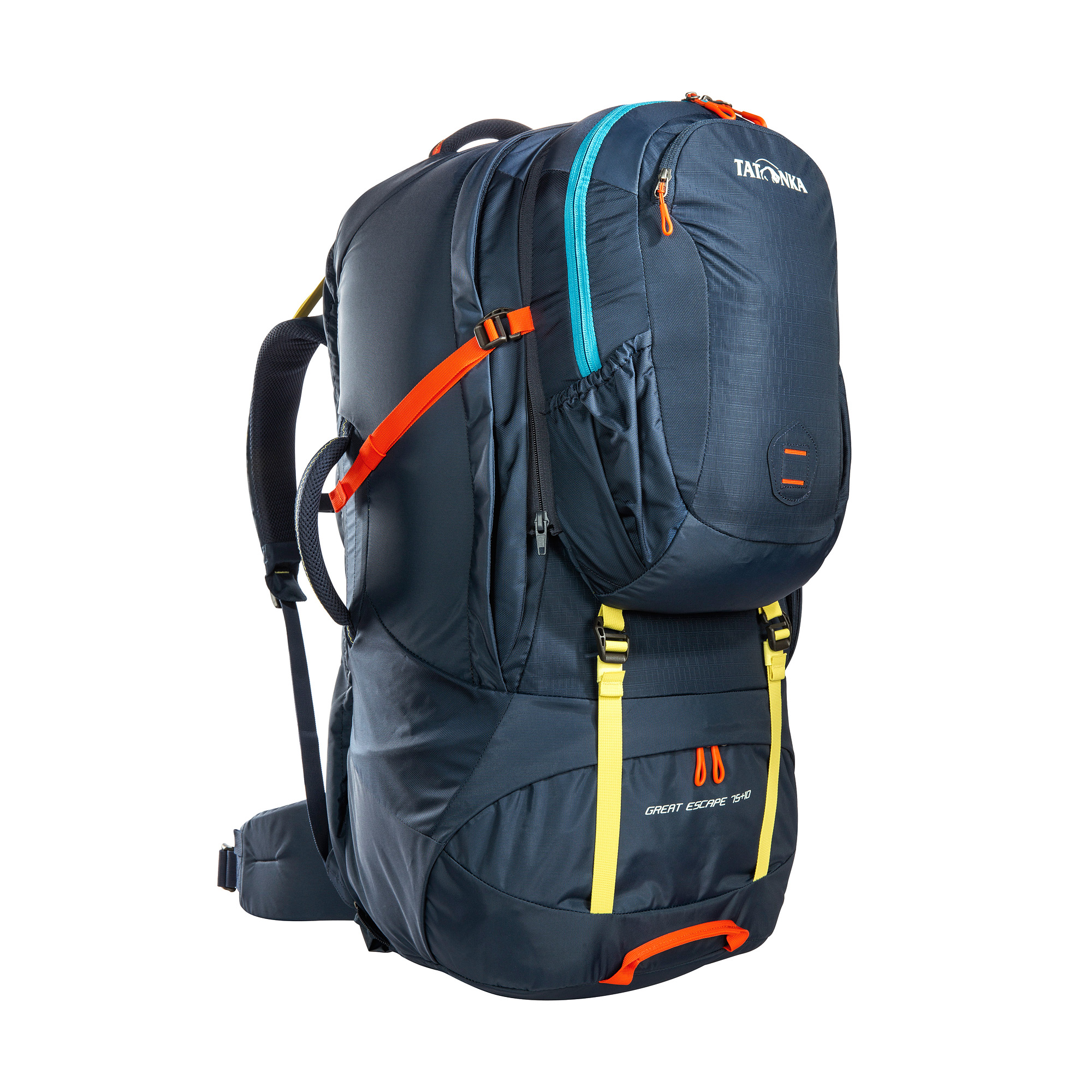 Tatonka Great Escape 75+10 navy blau Reiserucksäcke - Ansicht seitlich-vorne Tasche, Rucksack, Tatonka Great Escape 75+10 navy blau Reiserucksäcke - Ansicht seitlich-vorne