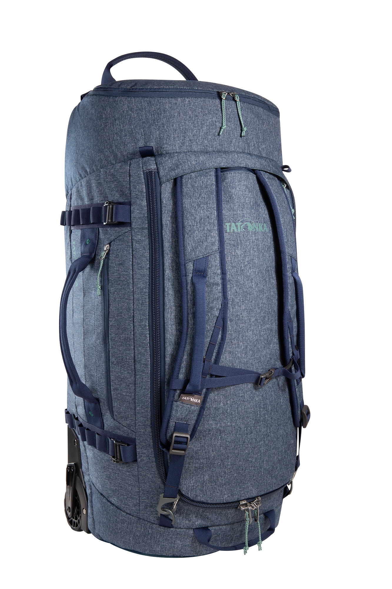 Rucksack, Reisegepäck, Rucksack mit Rollen, Koffer-Rucksack, Laptopfach, Tatonka Duffle Roller 80 navy blue blau Trolleys & Koffer - Ansicht seitlich-vorne