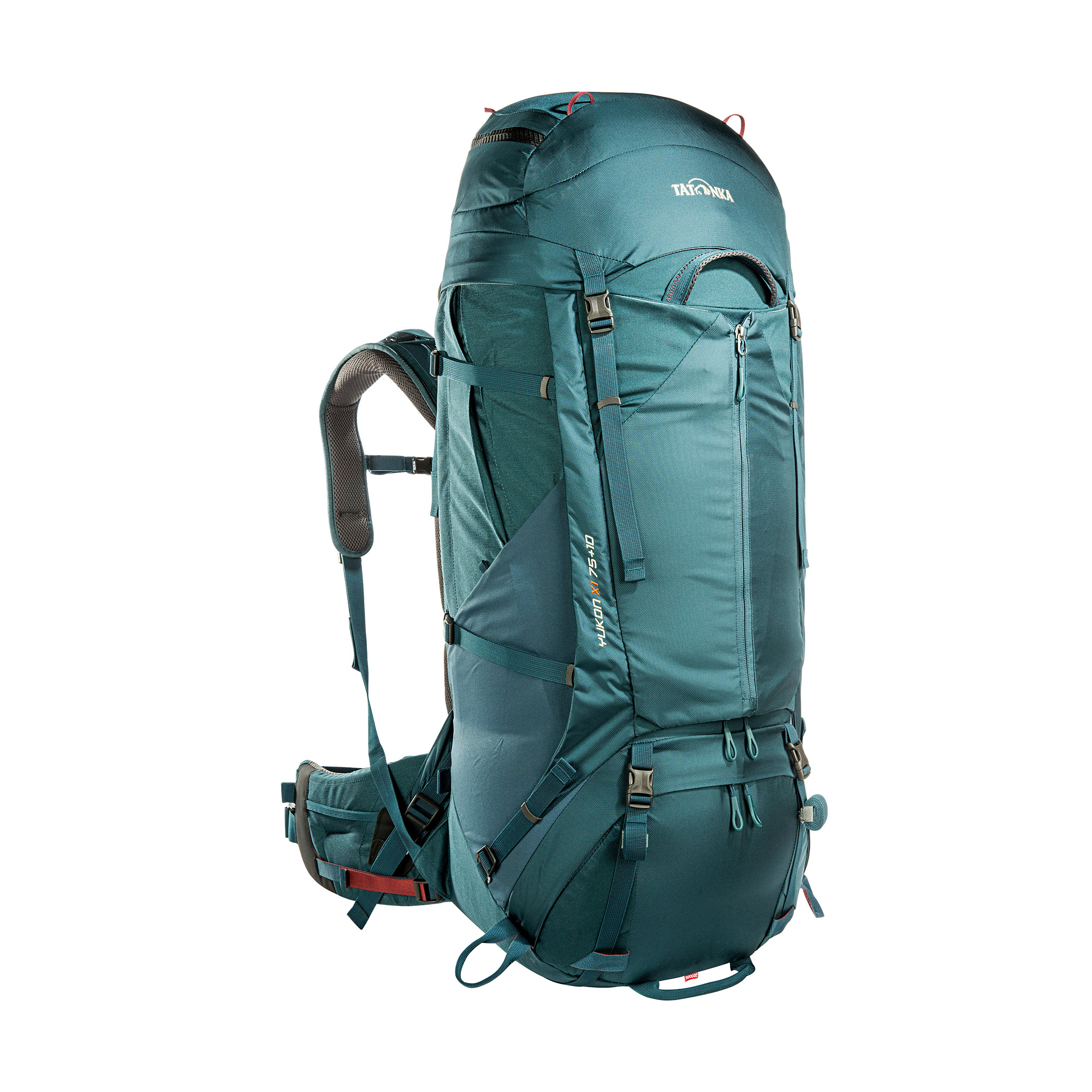 Tatonka Yukon X1 75+10 teal green grün Trekkingrucksäcke - Ansicht seitlich-vorne Tasche, Rucksack, Tatonka Yukon X1 75+10 teal green grün Trekkingrucksäcke - Ansicht seitlich-vorne