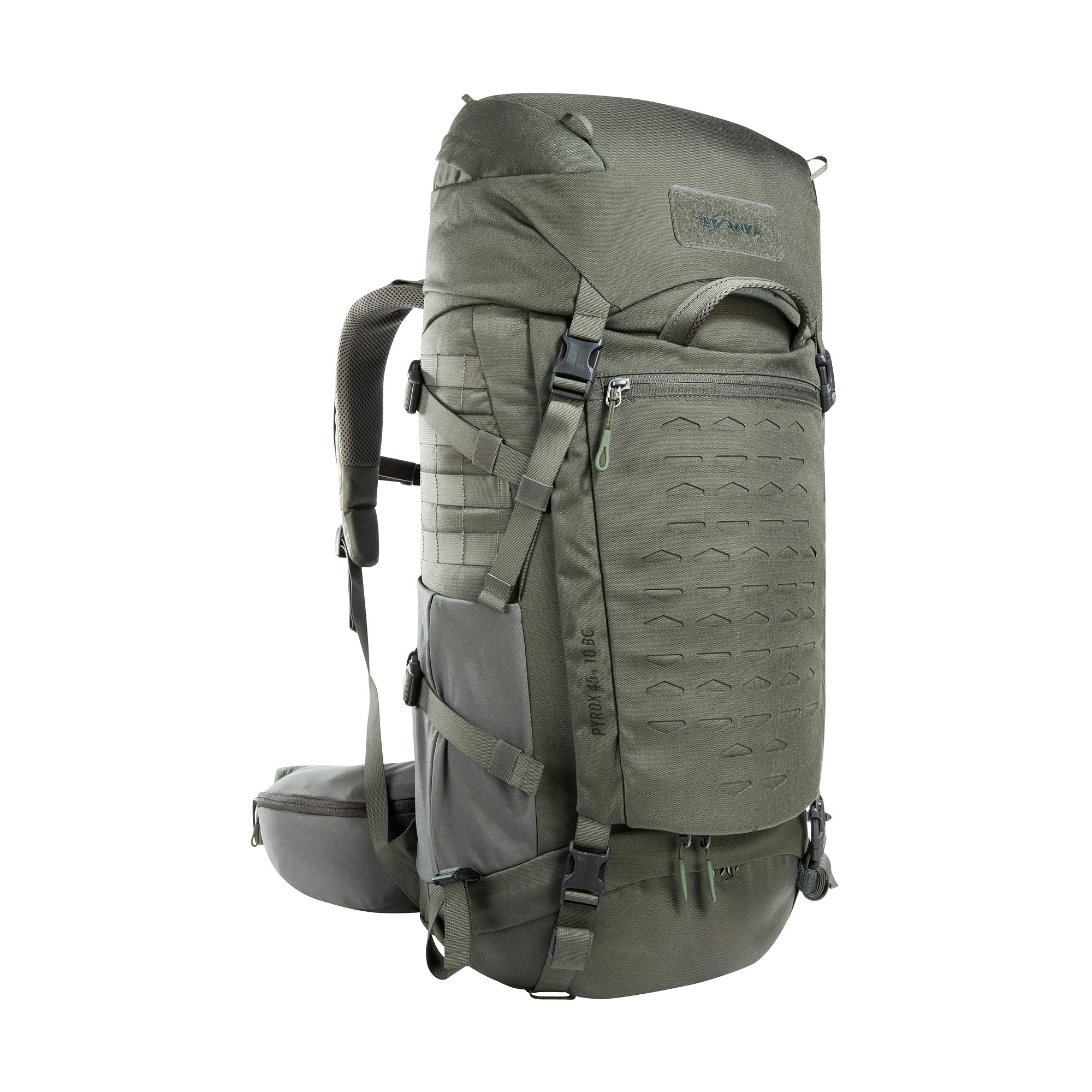 Tasche, Rucksack, Tatonka Pyrox 45+10 BC stone grey olive grau Trekkingrucksäcke - Ansicht seitlich-vorne