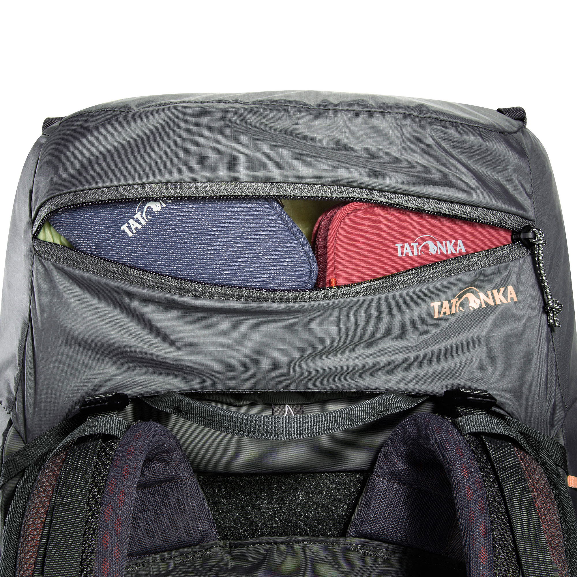 Rucksack, Vordertasche, Reißverschluss, Multitaschen, Urban-Tasche, Tatonka Pyrox Lite 44+10 Women titan grey grau Trekkingrucksäcke - Detailansicht