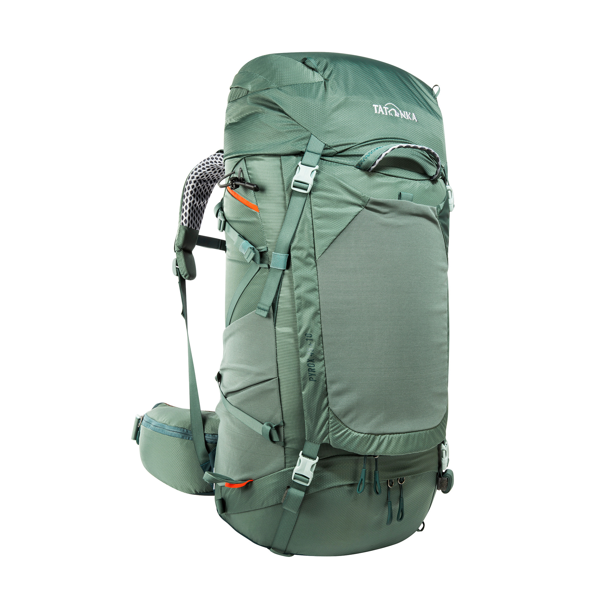 Tatonka Pyrox 45+10 sage green grün Trekkingrucksäcke - Ansicht seitlich-vorne Tasche, Rucksack, Tatonka Pyrox 45+10 sage green grün Trekkingrucksäcke - Ansicht seitlich-vorne