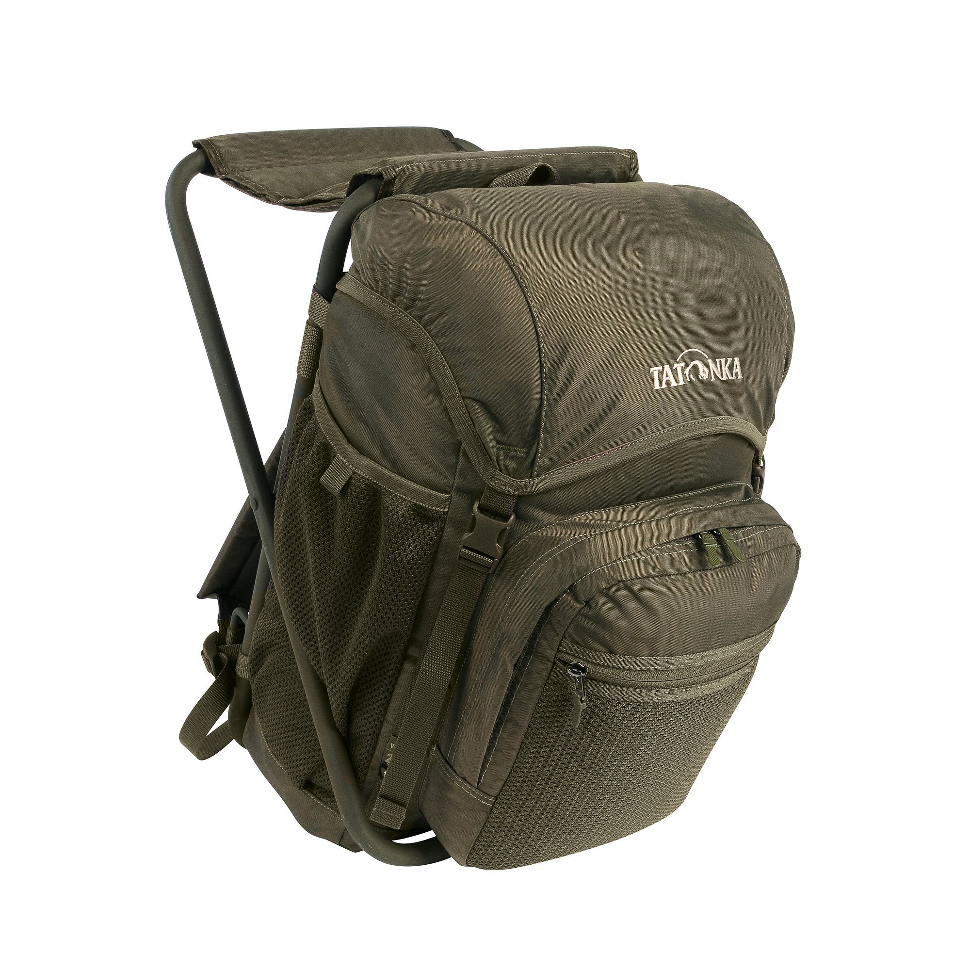 Tatonka Fischerstuhl olive grün Wanderrucksäcke - Ansicht seitlich-vorne Tasche, Rucksack, Tatonka Fischerstuhl olive grün Wanderrucksäcke - Ansicht seitlich-vorne