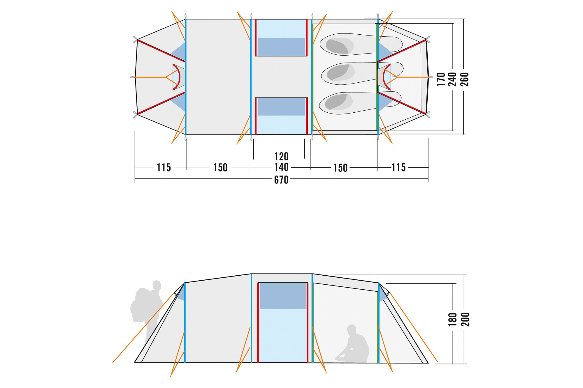 Tatonka Family Trek II light olive grün Familienzelte - Detailansicht CAD-Diagramm, Diagramm, Person, Tatonka Family Trek II light olive grün Familienzelte - Detailansicht