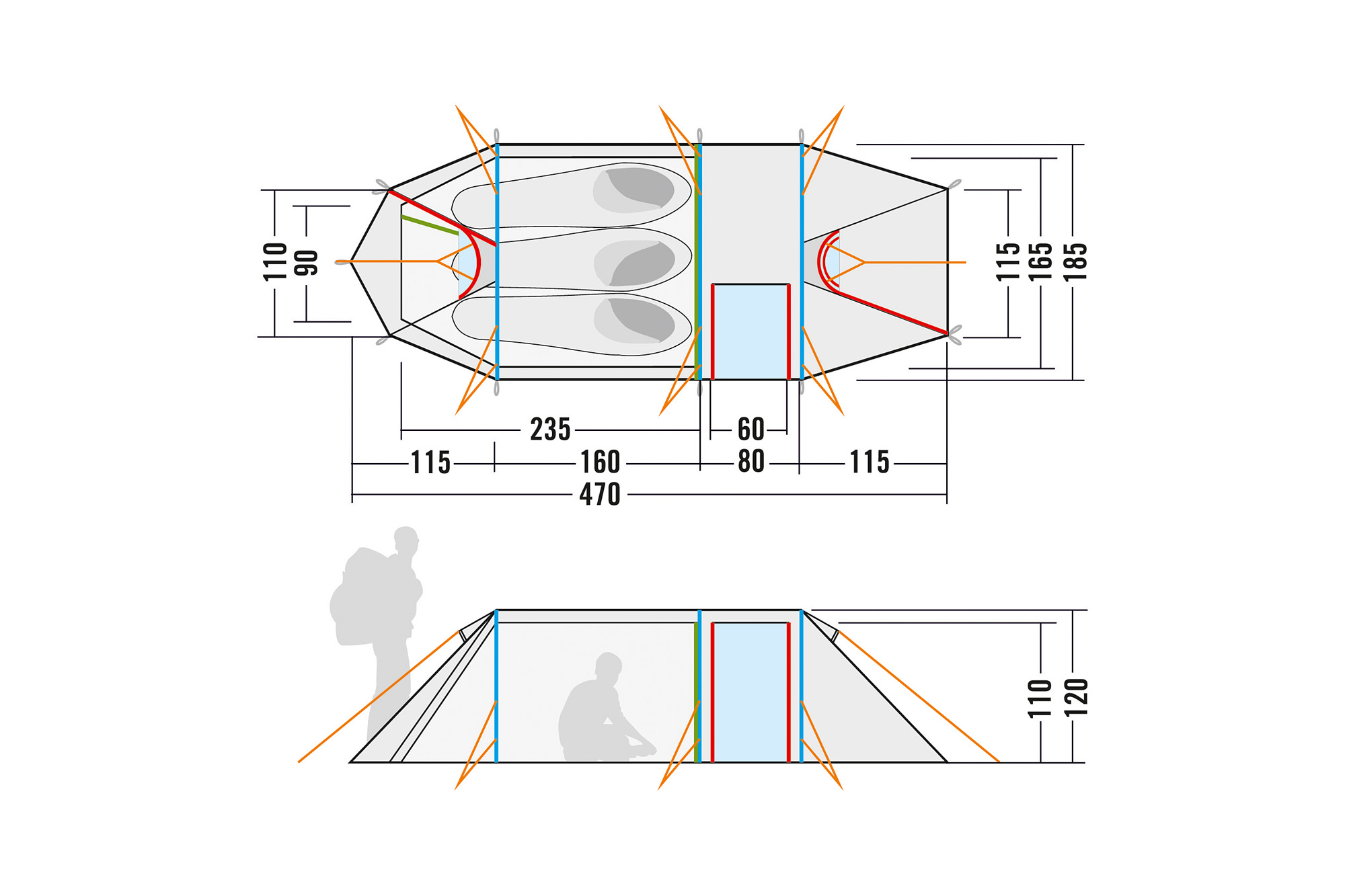 Tatonka Alaska 3.235 PU light olive grün 3-Personen-Zelte - Detailansicht CAD-Diagramm, Diagramm, Person, Tatonka Alaska 3.235 PU light olive grün 3-Personen-Zelte - Detailansicht
