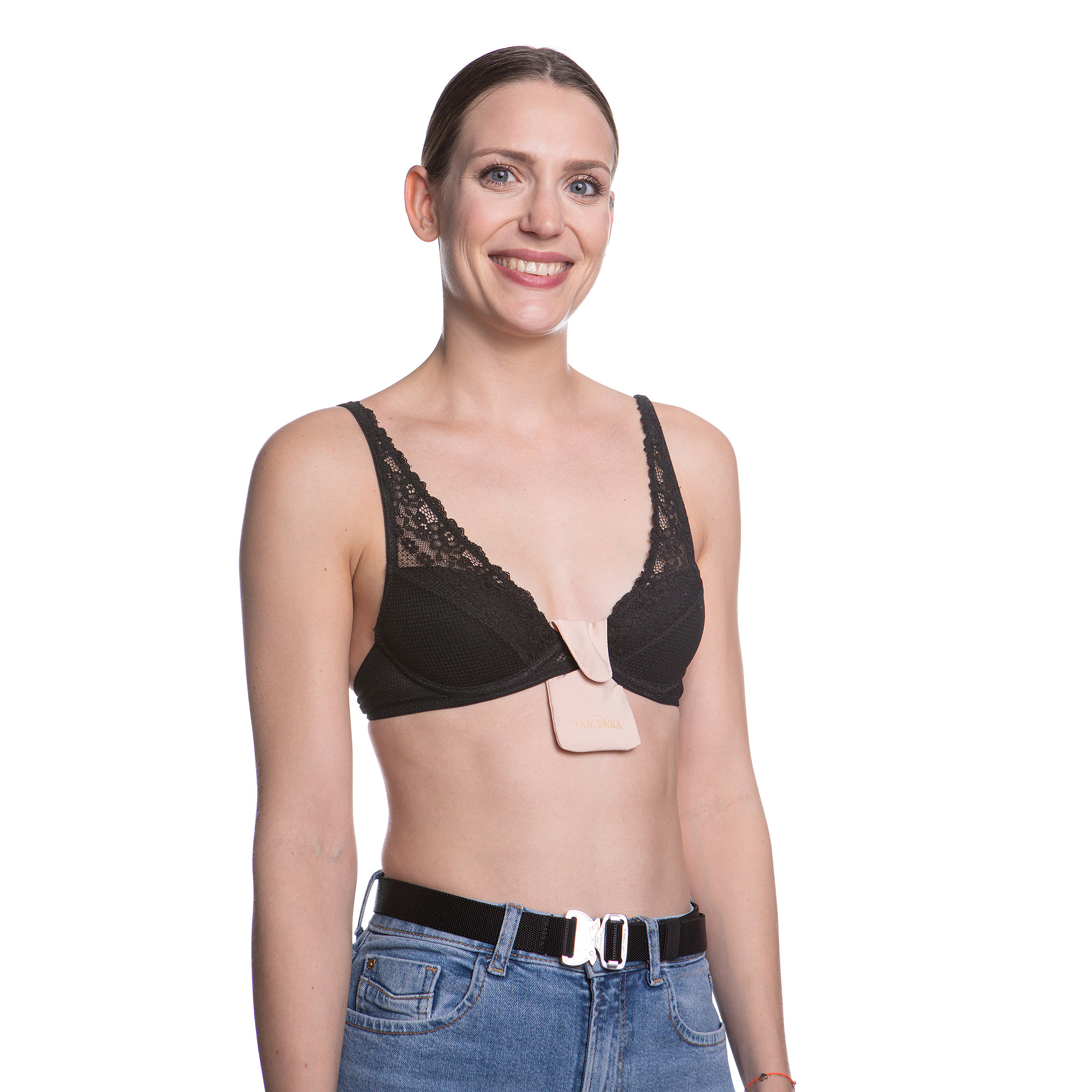 Tatonka Soft Bra Pocket nude rot Brustbeutel - Detailansicht BH, Dessous, Unterwäsche, Jeanshose, Person, Tatonka Soft Bra Pocket nude rot Brustbeutel - Detailansicht