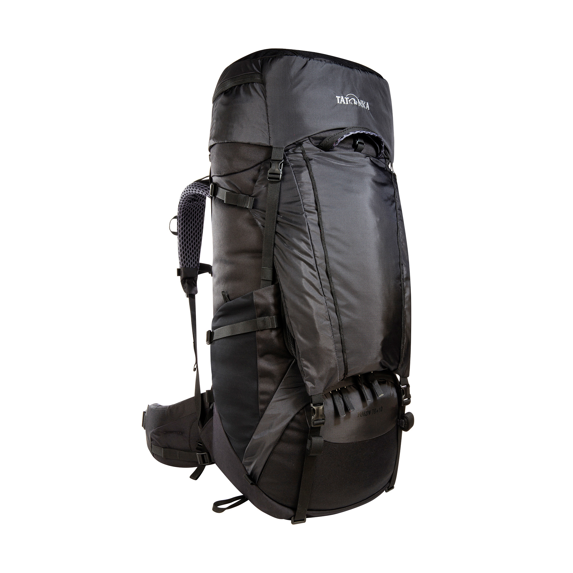 Tatonka Yukon 70+10 black schwarz Trekkingrucksäcke - Ansicht seitlich-vorne Tasche, Rucksack, Tatonka Yukon 70+10 black schwarz Trekkingrucksäcke - Ansicht seitlich-vorne