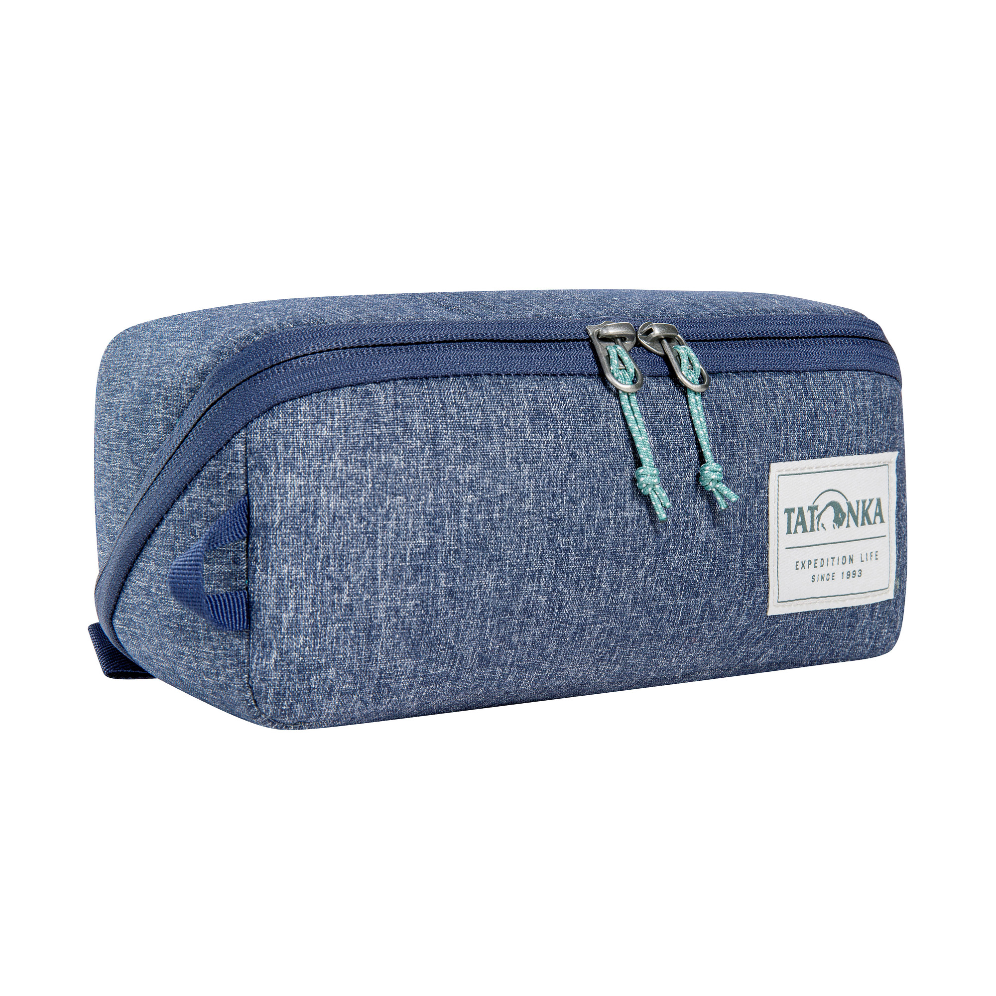 Schminktasche, Pencil Case, Jeansblau, Zweifarbiger Reißverschluss, Label Patch, Tatonka Square Zip Pouch M navy blue blau Kulturbeutel - Ansicht seitlich-vorne
