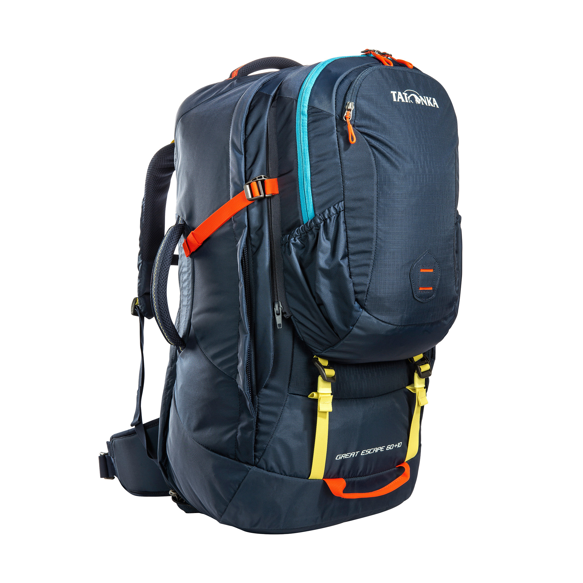 Tatonka Great Escape 60+10 navy blau Reiserucksäcke - Ansicht seitlich-vorne Tasche, Rucksack, Tatonka Great Escape 60+10 navy blau Reiserucksäcke - Ansicht seitlich-vorne
