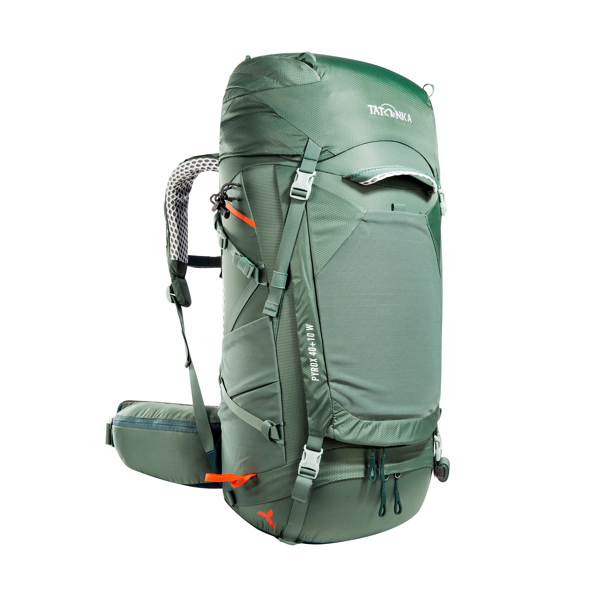 Tatonka Pyrox 40+10 Women sage green grün Trekkingrucksäcke - Ansicht seitlich-vorne Tasche, Rucksack, Tatonka Pyrox 40+10 Women sage green grün Trekkingrucksäcke - Ansicht seitlich-vorne