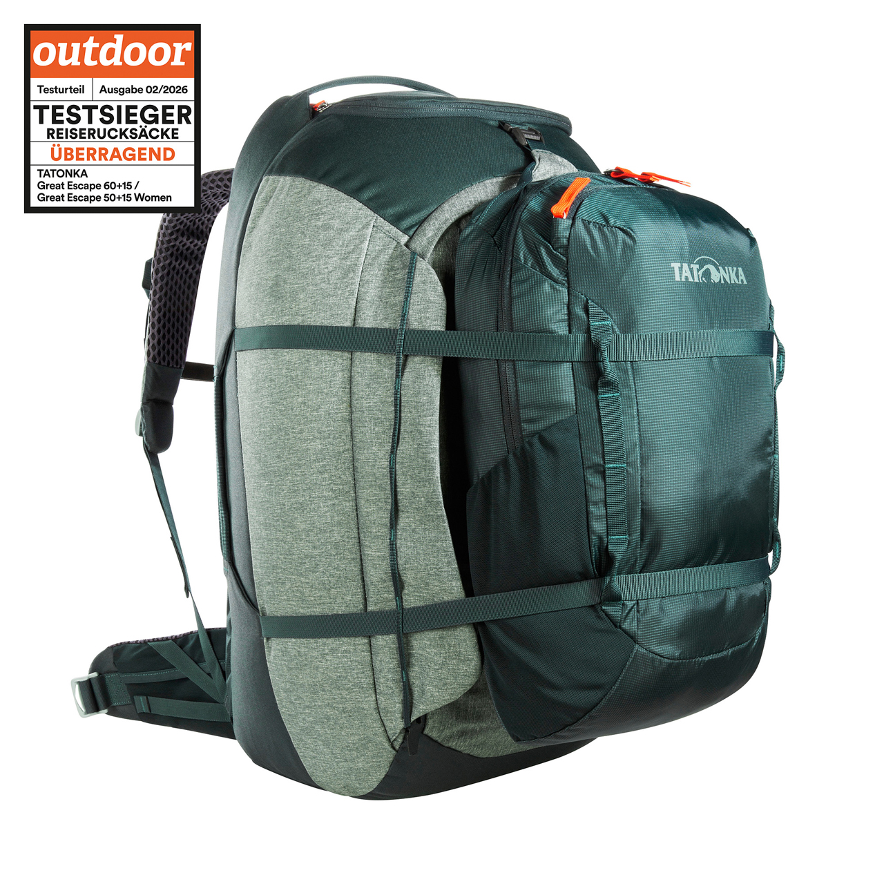 Rucksack, Rucksack, Tatonka, Verstellbare Gurte, Grüner Farbton, Tasche, Rucksack, Tatonka Great Escape 60+15 sage green grün Reiserucksäcke - Ansicht seitlich-vorne