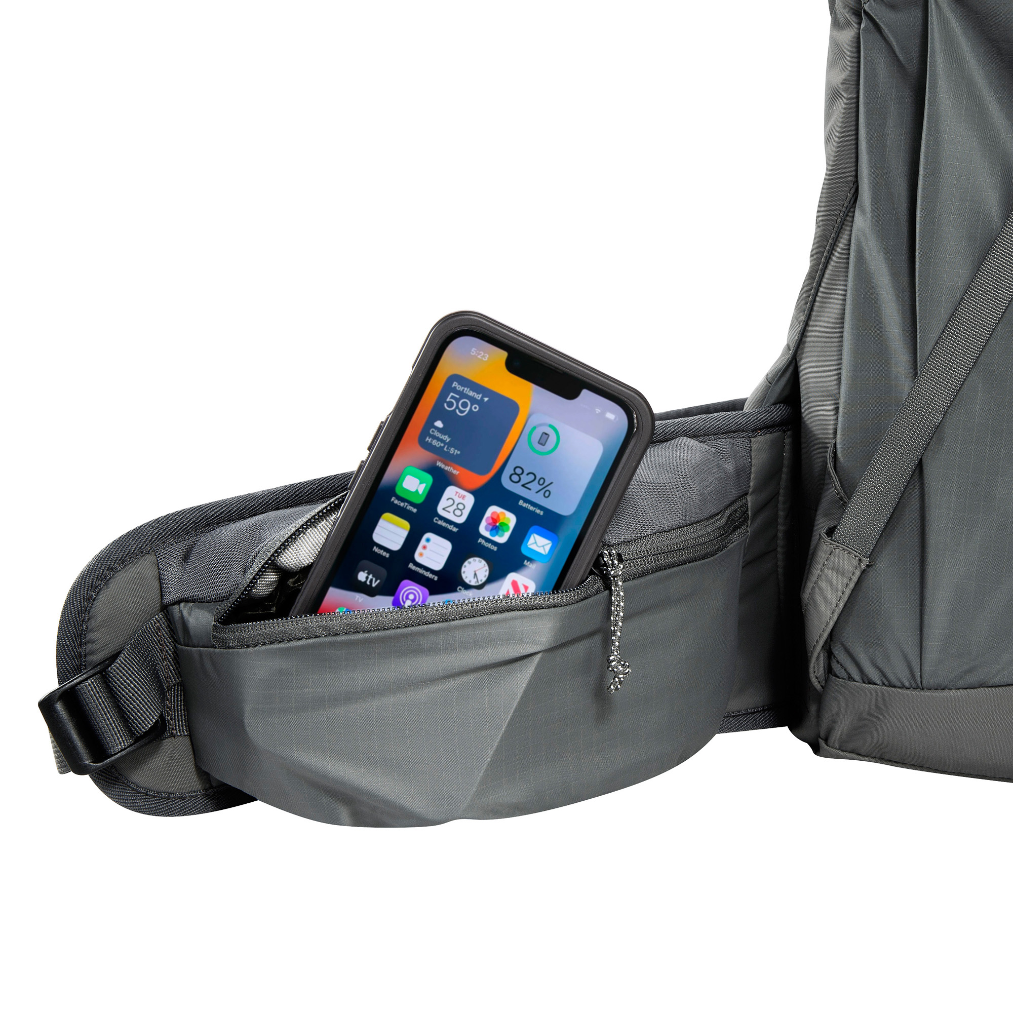 Gürteltasche, Rucksack, Telefonfach, Smartphone, Reißverschluss, Tatonka Pyrox Lite 44+10 Women titan grey grau Trekkingrucksäcke - Detailansicht