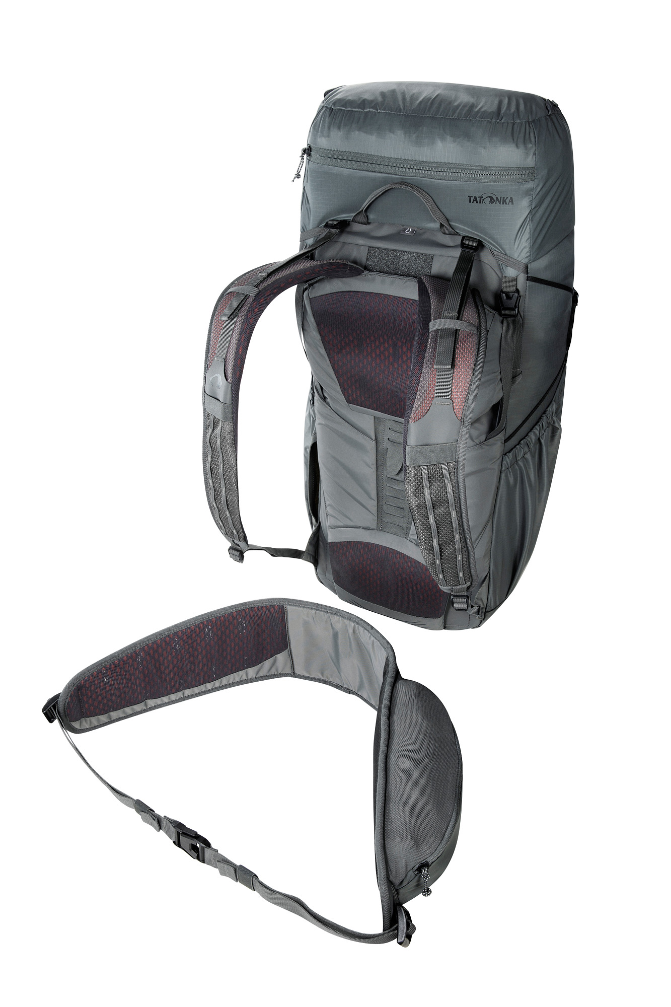 Rucksack, Rucksack-Gurt, Hiking, Gürtelgurt, Hüftgurt, Tatonka Pyrox Lite 48+10 titan grey grau - Detailansicht