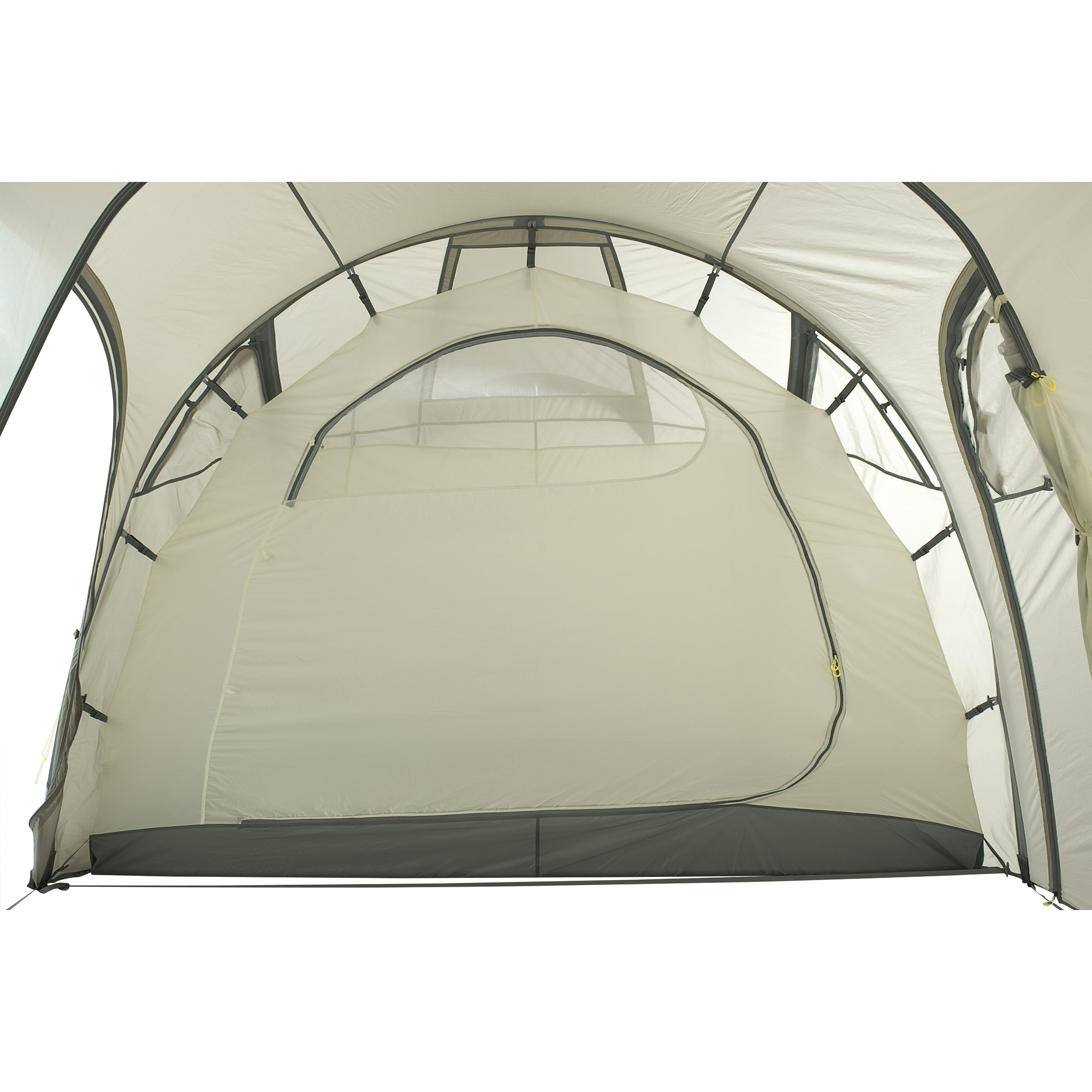 Campingzelt, Zelttinneres, Netzfenster, Reißverschluss-Tür, creme Farbe, Zelt, Im Freien, Campen, Zelt in den Bergen, Natur, Tatonka Family Camp Extension ash grey grau Familienzelte - Ansicht seitlich-vorne