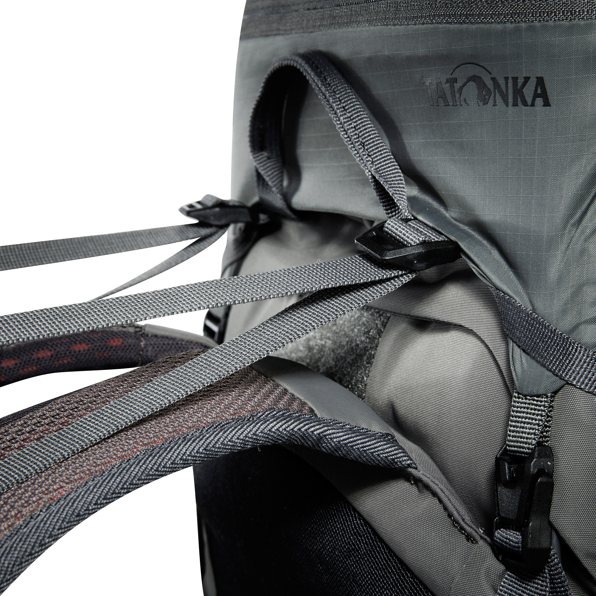 Rucksack, Rucksackgurte, Trailrucksack, Nylongewebe, Grau, Tatonka Pyrox Lite 48+10 titan grey grau - Detailansicht