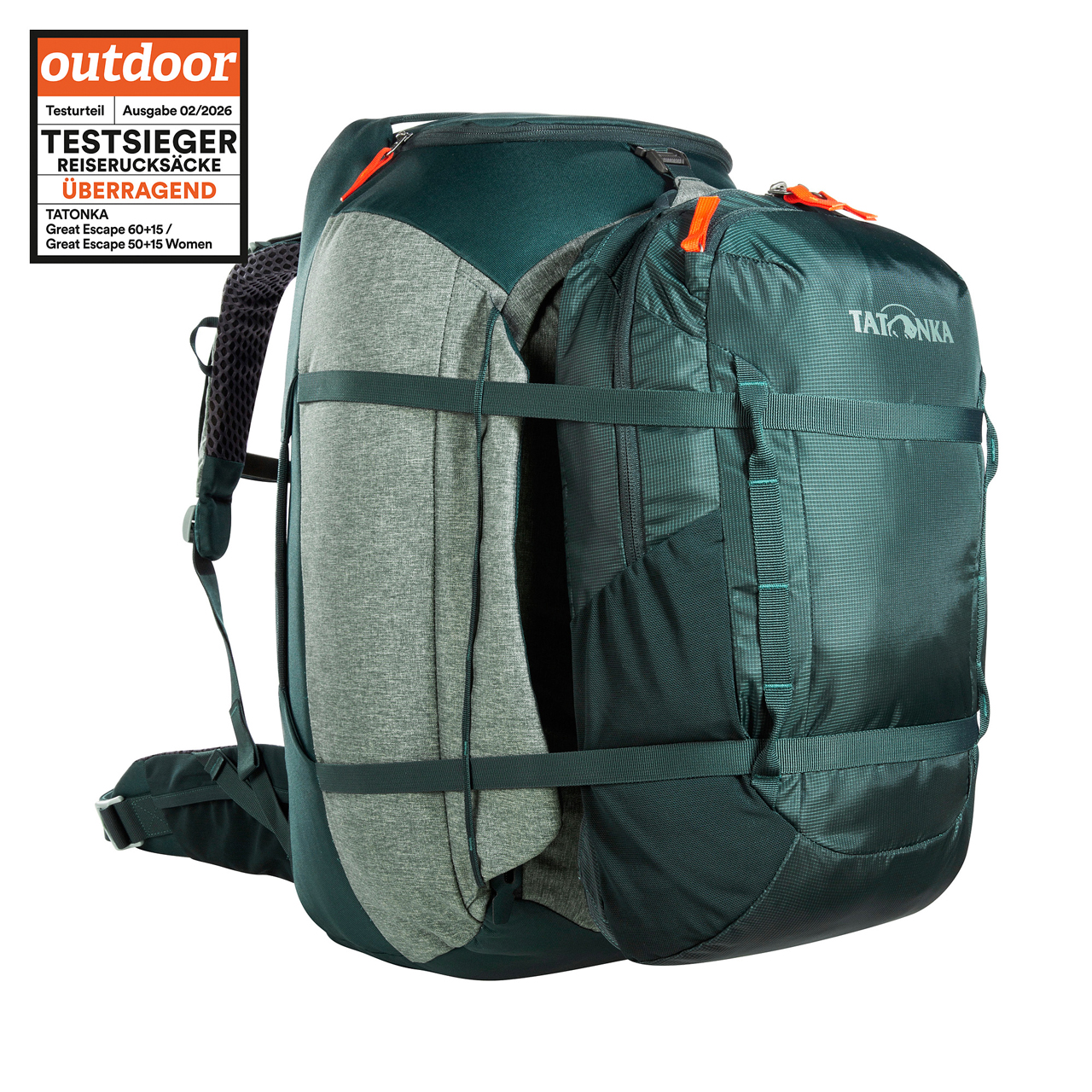 Rucksack, Reisetasche, Camping, Backpack, Outdoor-Teil, Tasche, Rucksack, Tatonka Great Escape 50+15 Women sage green grün Reiserucksäcke - Ansicht seitlich-vorne