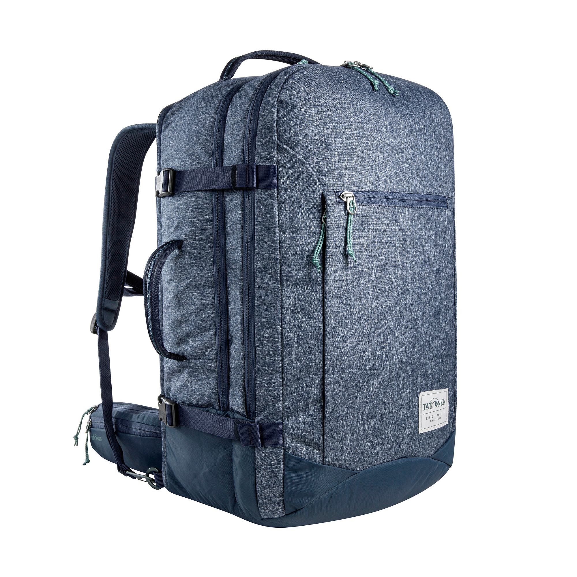 Rucksack, Backpack, Navy blue, Denim texture, Twin zipper, Tatonka Traveller Pack 35 navy blue blau Reiserucksäcke - Ansicht seitlich-vorne