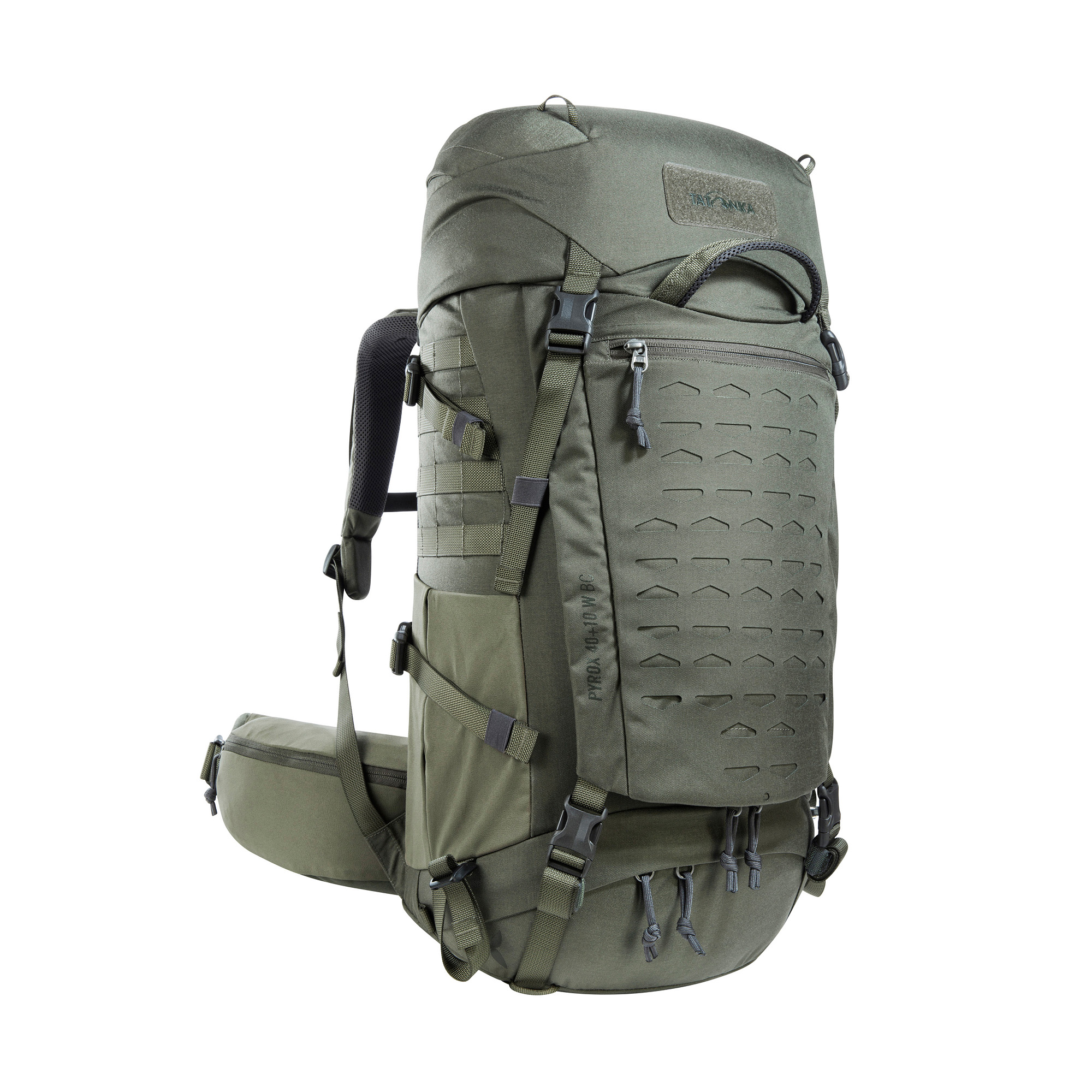 Tatonka Pyrox 40+10 Women BC stone grey olive grau Trekkingrucksäcke - Ansicht seitlich-vorne Tasche, Rucksack, Tatonka Pyrox 40+10 Women BC stone grey olive grau Trekkingrucksäcke - Ansicht seitlich-vorne