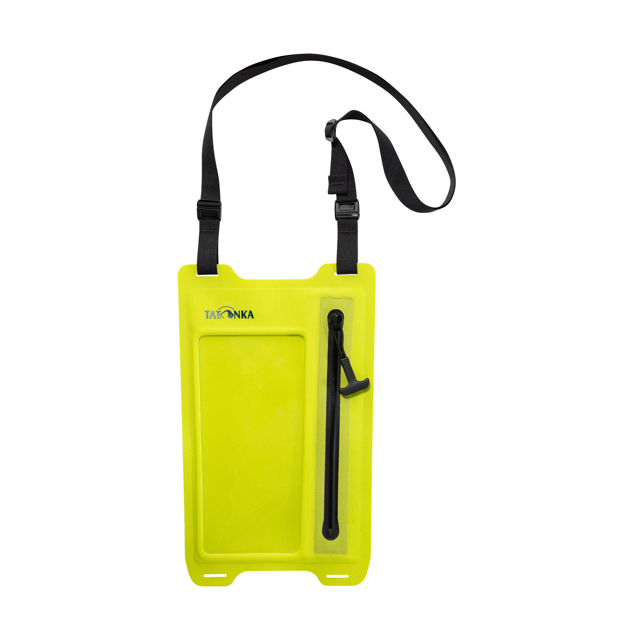 Hardshell-Hülle, Telefonhülle, Neon-Gelb, Tragegurt, Reißverschluss-Tasche, Tatonka WP Zip Neck Pouch L lime gelb - Ansicht seitlich-vorne
