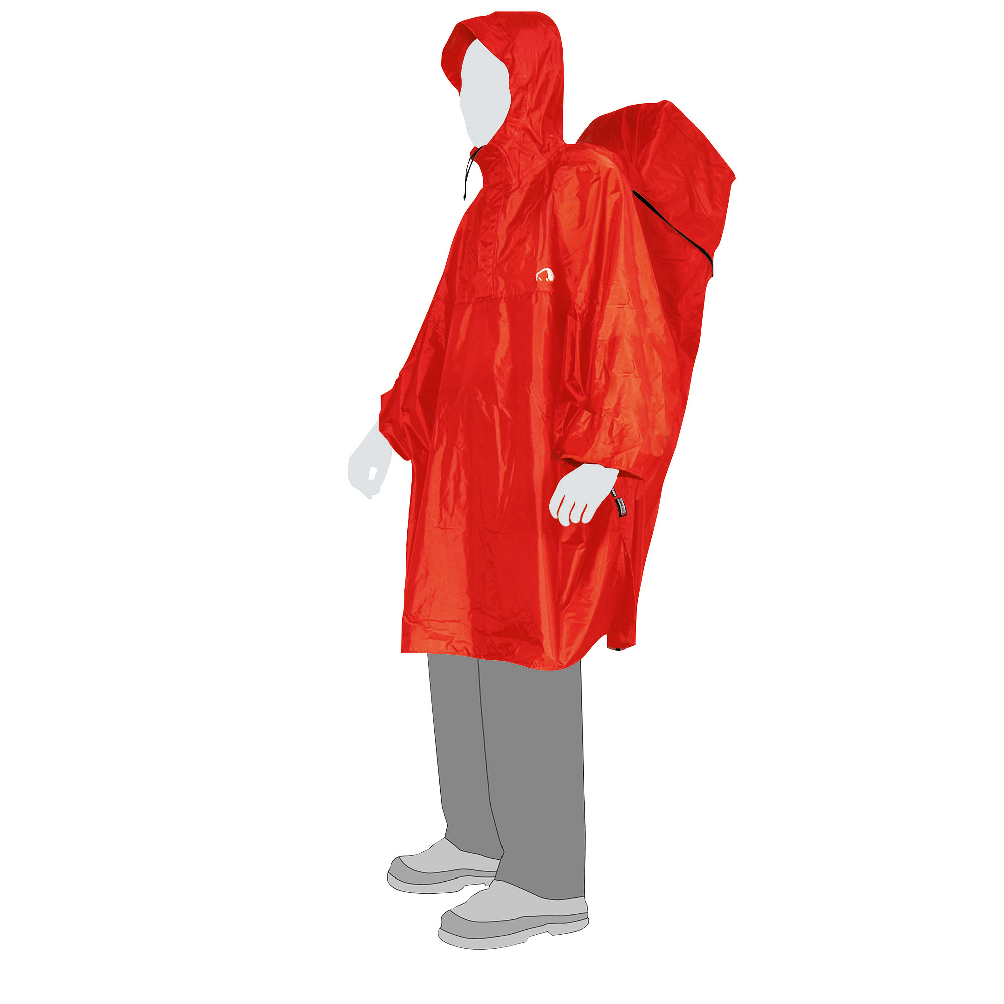 Tatonka Cape S red rot Rucksack-Zubehör - Ansicht seitlich-vorne Bekleidung, Mantel, Regenmantel, Person, Tatonka Cape S red rot Rucksack-Zubehör - Ansicht seitlich-vorne
