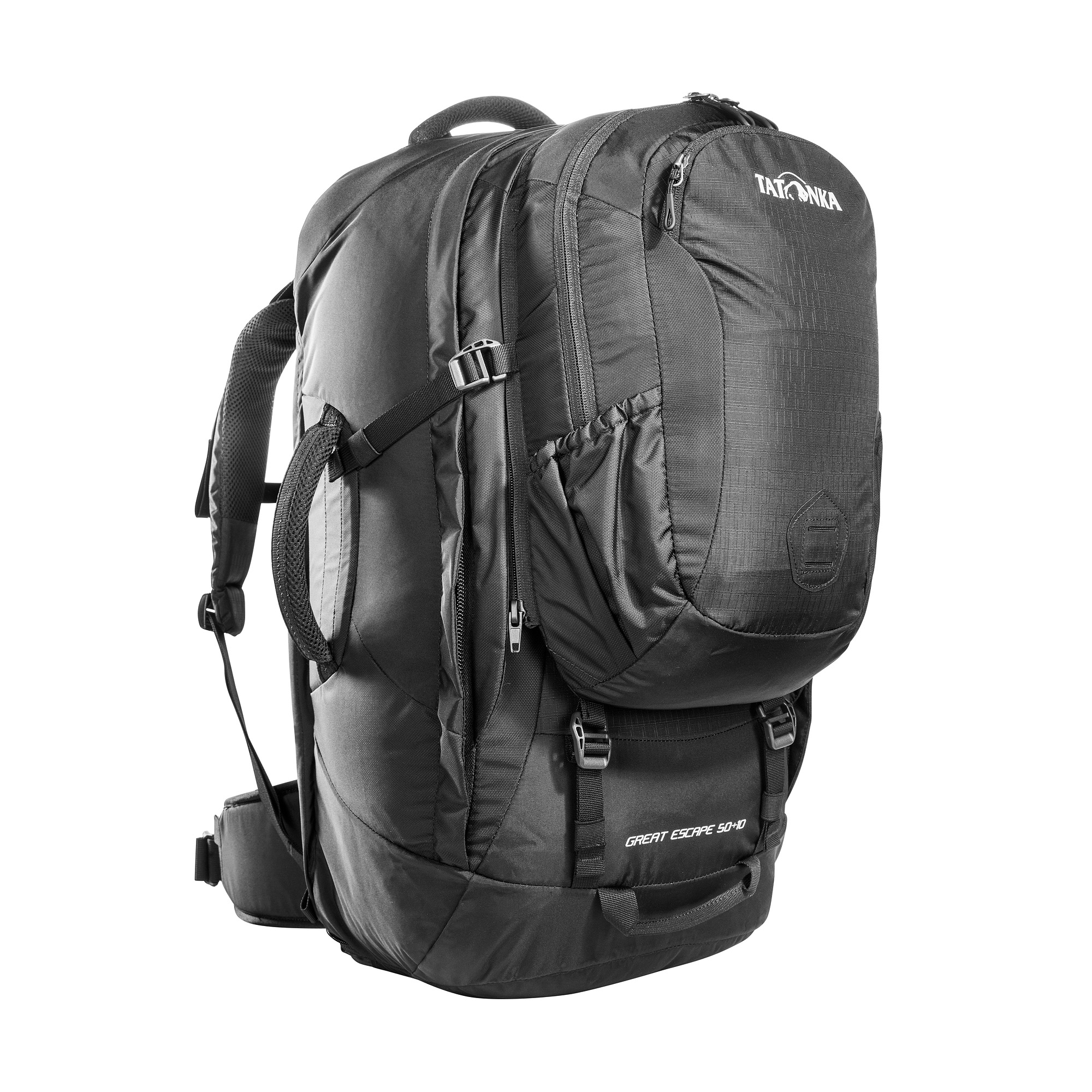 Tatonka Great Escape 50+10 black schwarz Reiserucksäcke - Ansicht seitlich-vorne Tasche, Rucksack, Tatonka Great Escape 50+10 black schwarz Reiserucksäcke - Ansicht seitlich-vorne