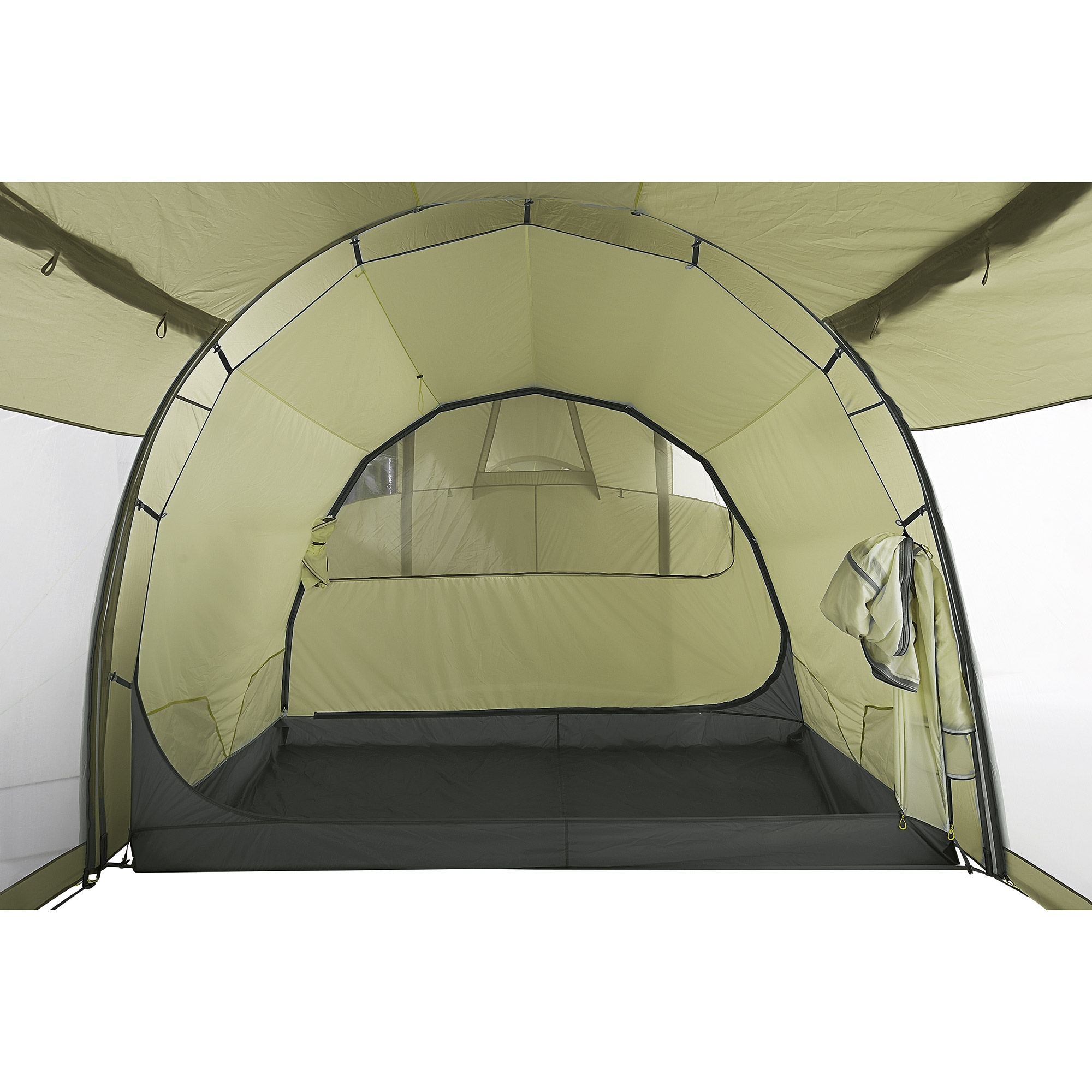 Campingzelt, Kuppelzelt, Innenraum, Tageslicht-Dachfenster, Aufbewahrungskammer, Zelt, Im Freien, Campen, Natur, Tatonka Family Trek II Extension ash grey grau 3-Personen-Zelte - Ansicht seitlich-vorne