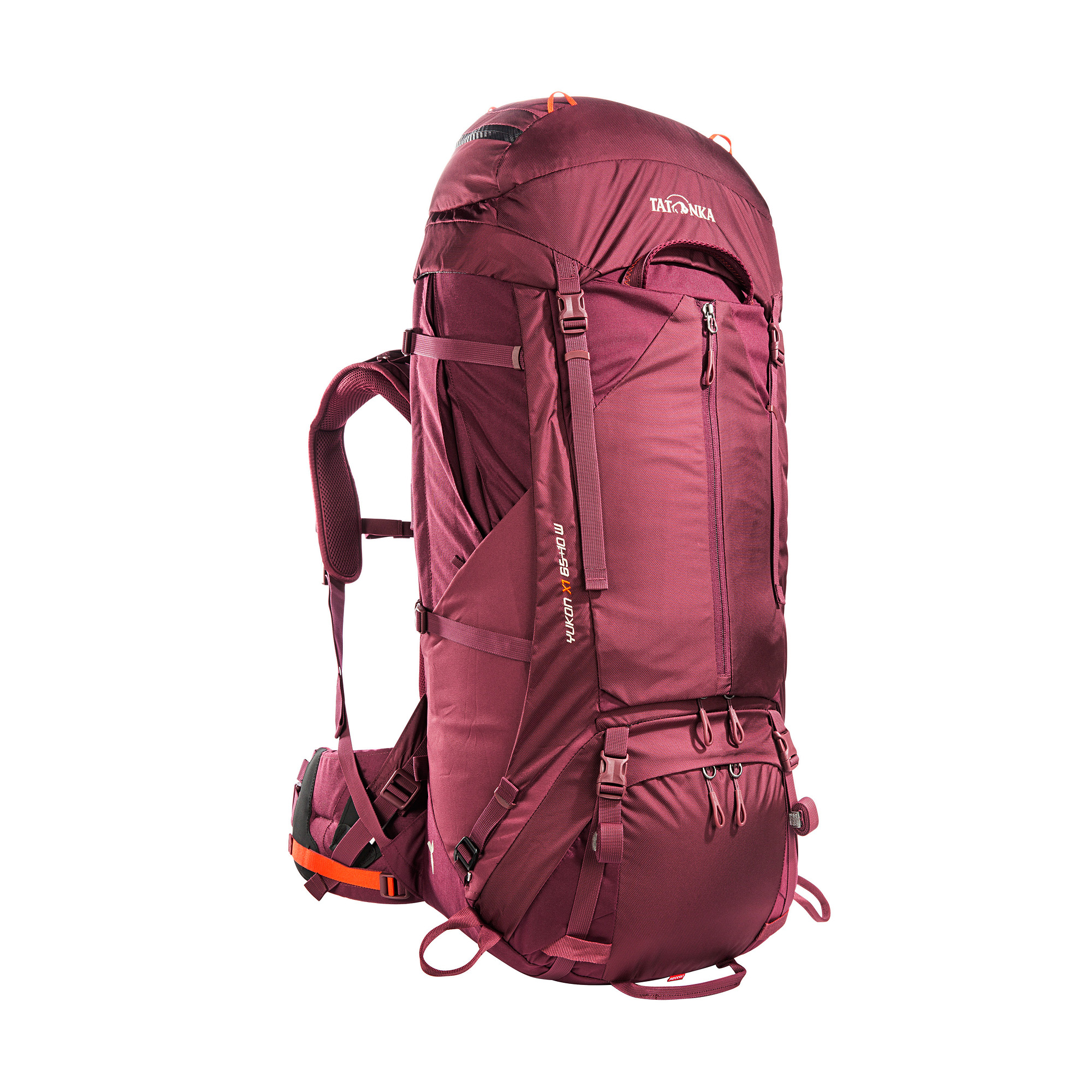 Tatonka Yukon X1 65+10 Women bordeaux red rot Trekkingrucksäcke - Ansicht seitlich-vorne Tasche, Rucksack, Tatonka Yukon X1 65+10 Women bordeaux red rot Trekkingrucksäcke - Ansicht seitlich-vorne