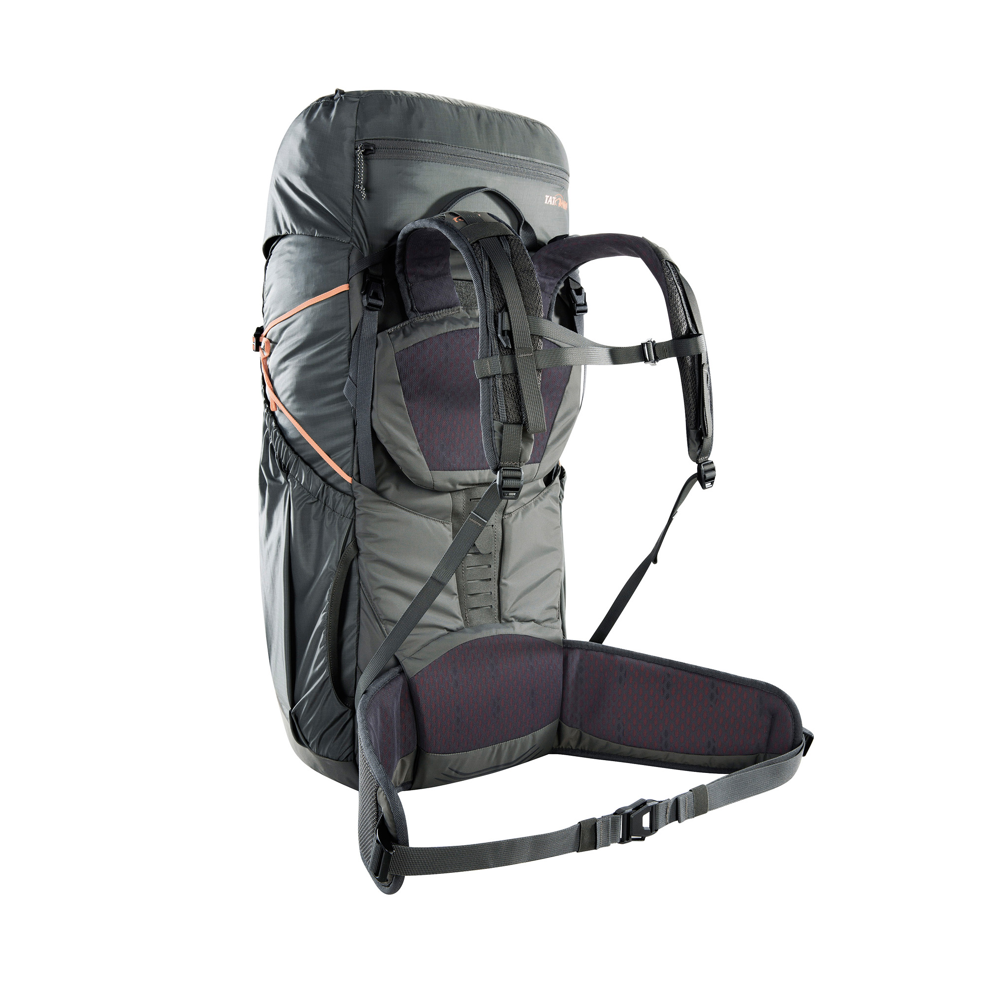 Rucksack, Trekkingrucksack, Outdoor, Rückensystem, Verstellriemen, Tatonka Pyrox Lite 44+10 Women titan grey grau Trekkingrucksäcke - Ansicht seitlich-hinten