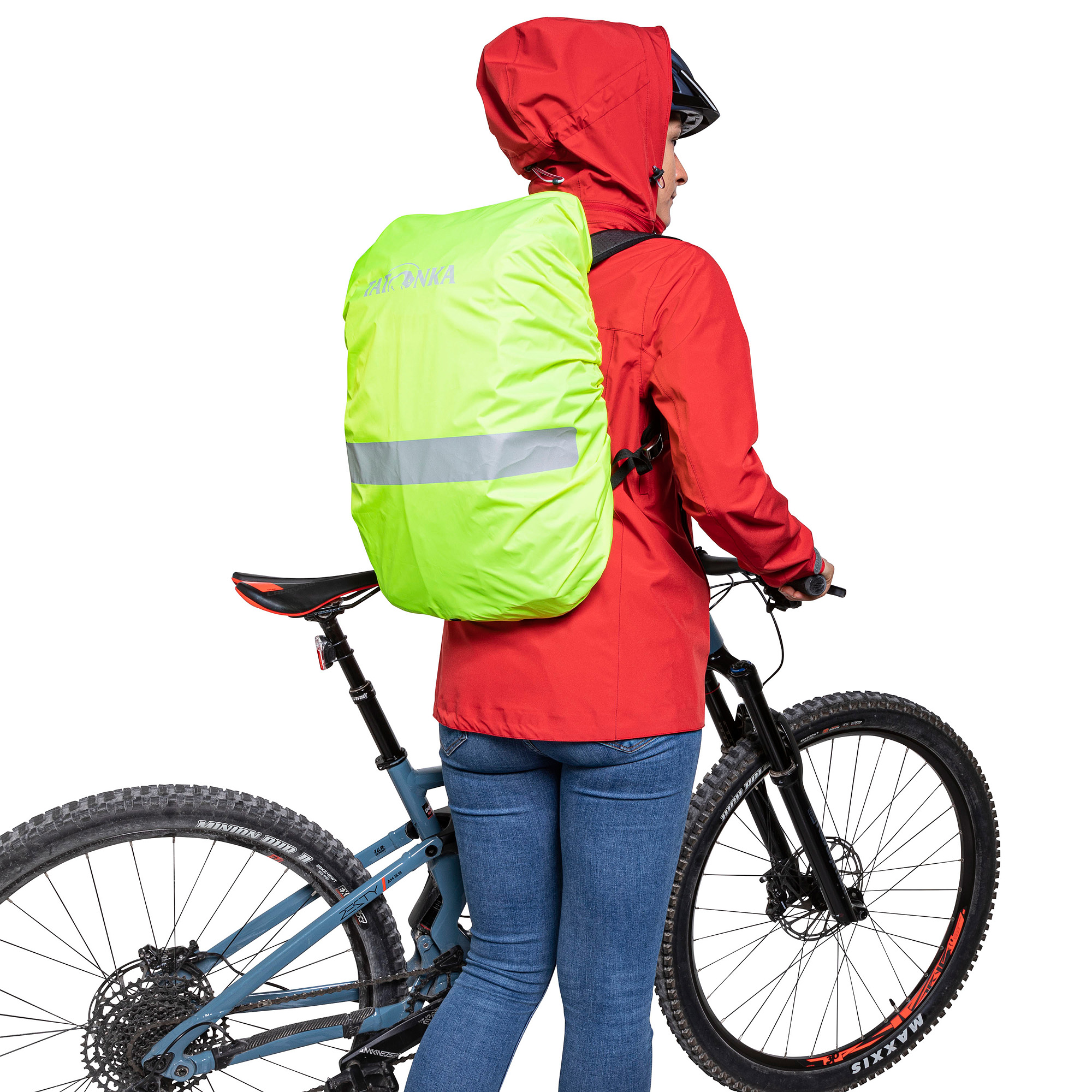 Mantel, Person, Fahrrad, Regenmantel, Helm, Tatonka Raincover Bike Daypack safety yellow gelb Rucksack-Zubehör - Detailansicht