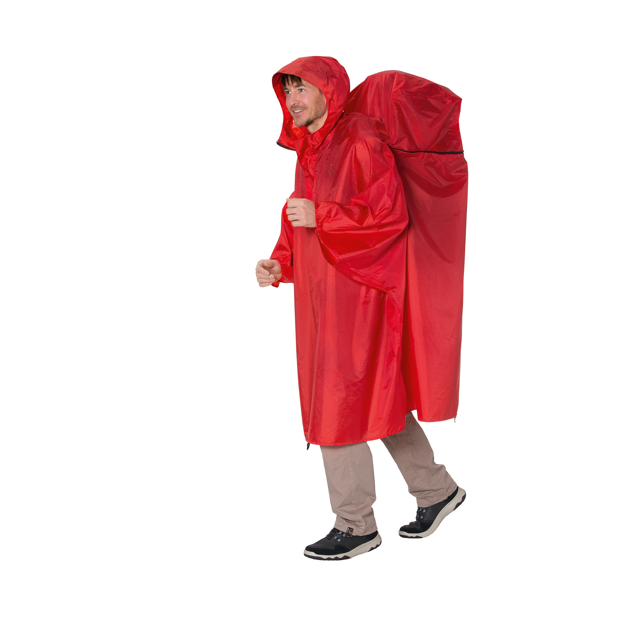 Bekleidung, Mantel, Regenmantel, Person, Tatonka Cape S red rot Rucksack-Zubehör - Ansicht seitlich-hinten