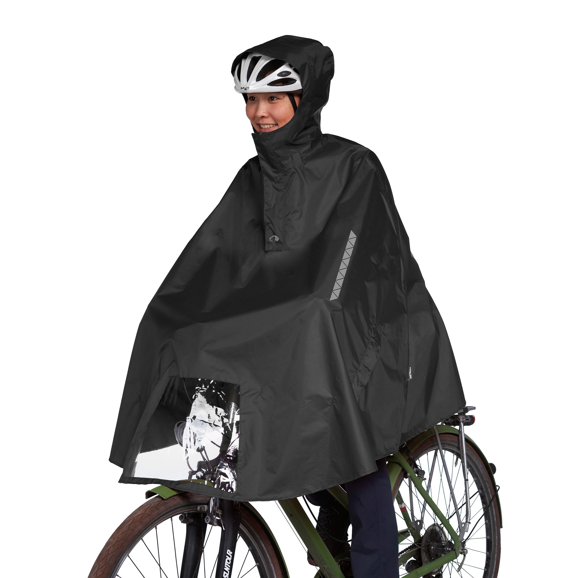Mantel, Modisch, Helm, Person, Fahrrad, Tatonka Bike Poncho black schwarz Regenponchos - Ansicht seitlich-vorne