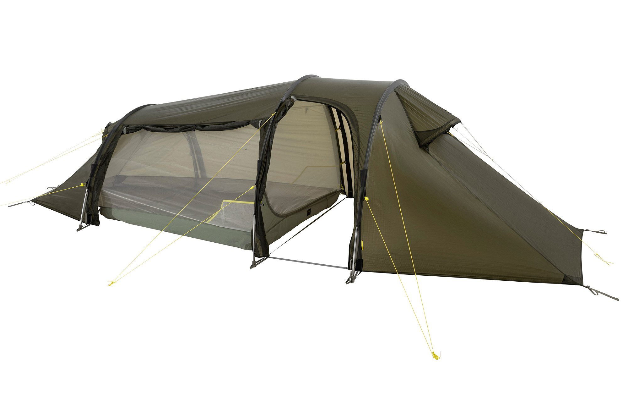 Zelt, Campen, Zelt in den Bergen, Natur, Draußen, Tatonka Grönland 2 Vent LT stone grey olive grau 2-Personen-Zelte - Ansicht seitlich-hinten