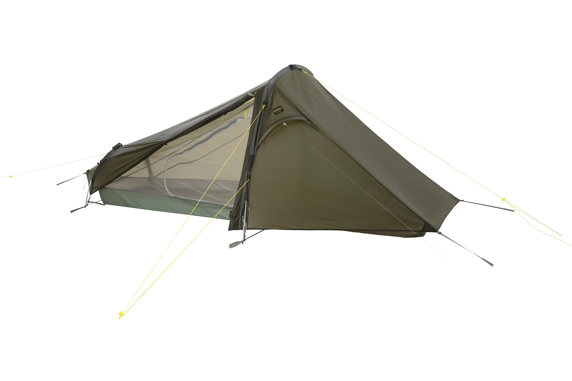 Zelt, Campen, Zelt in den Bergen, Natur, Draußen, Tatonka Kyrkja LT stone grey olive grau 1-Personen-Zelte - Ansicht seitlich-hinten
