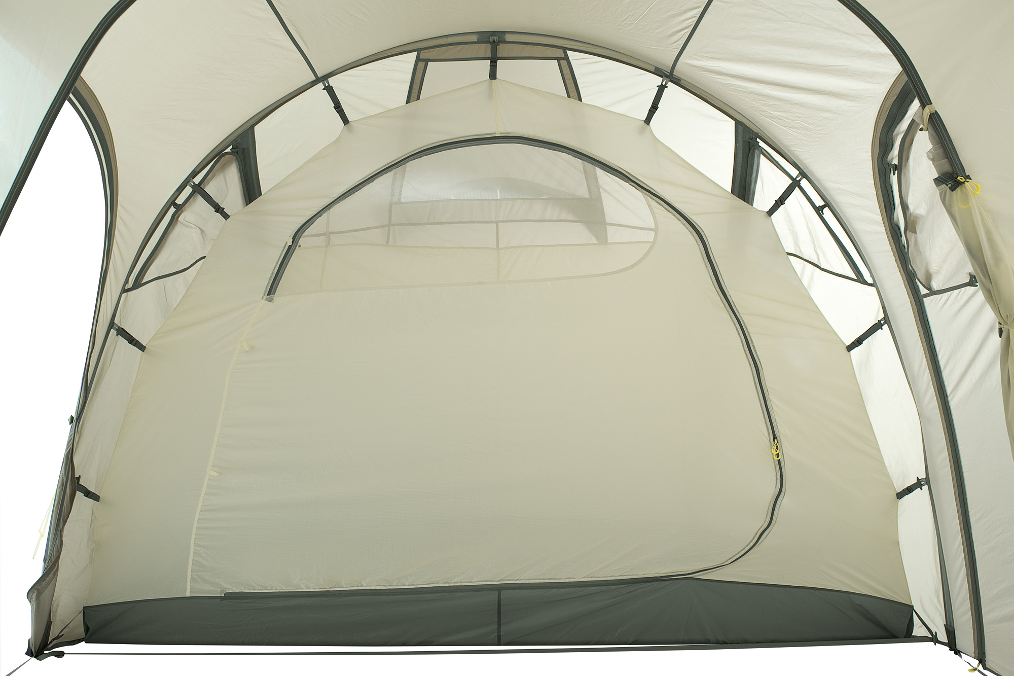 Zelt, Im Freien, Campen, Zelt in den Bergen, Natur, Tatonka Family Camp Extension ash grey grau Familienzelte - Ansicht seitlich-vorne